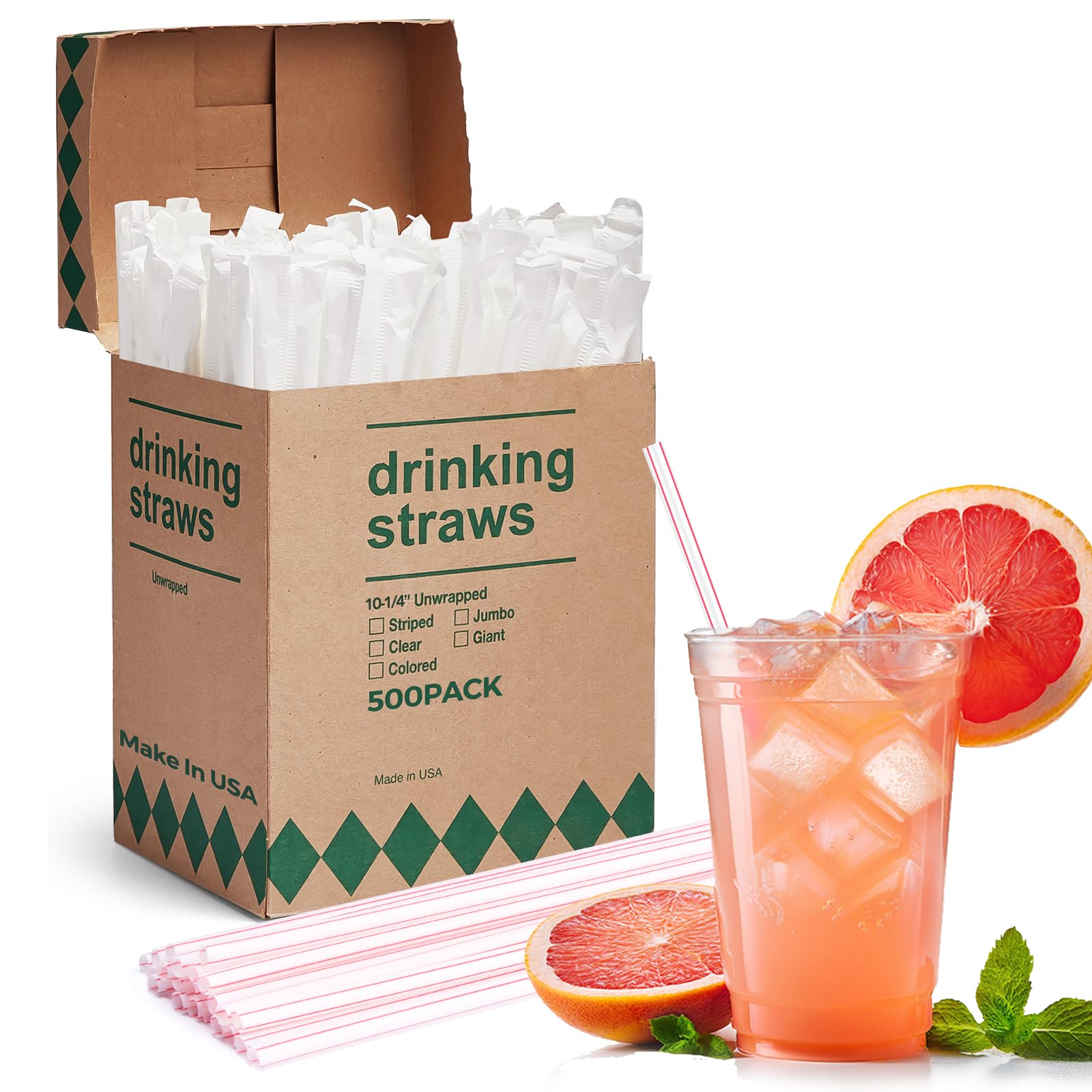 Glotoch Express 500PCS Individually Wrapped Clear Plastic Straws, 7.75'' Long, 0.24'' Diameter Disposable Drinking Straws for Every Occasion, Party, Made in USA