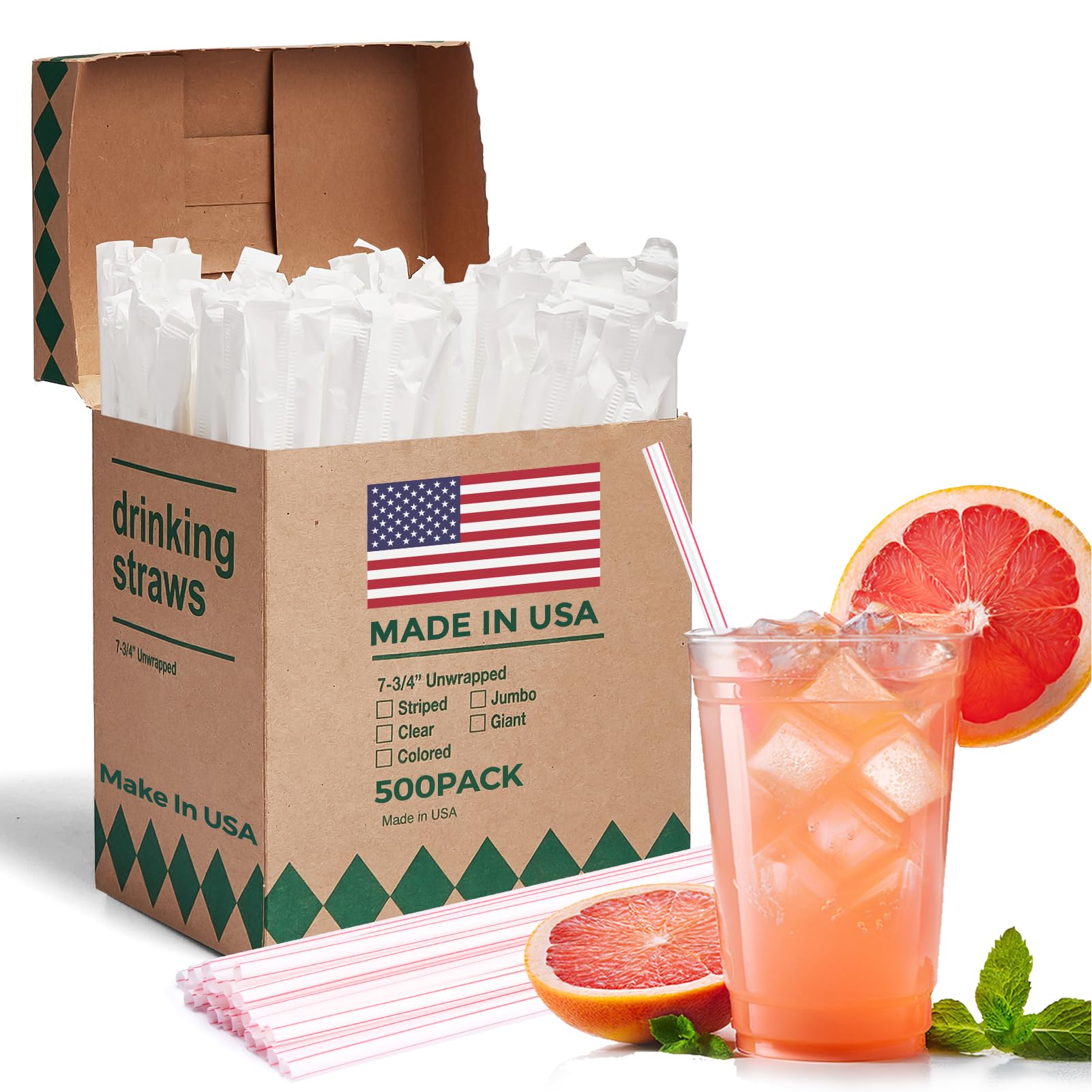 Glotoch Express 500PCS Individually Wrapped Clear Plastic Straws, 7.75'' Long, 0.24'' Diameter Disposable Drinking Straws for Every Occasion, Party, Made in USA