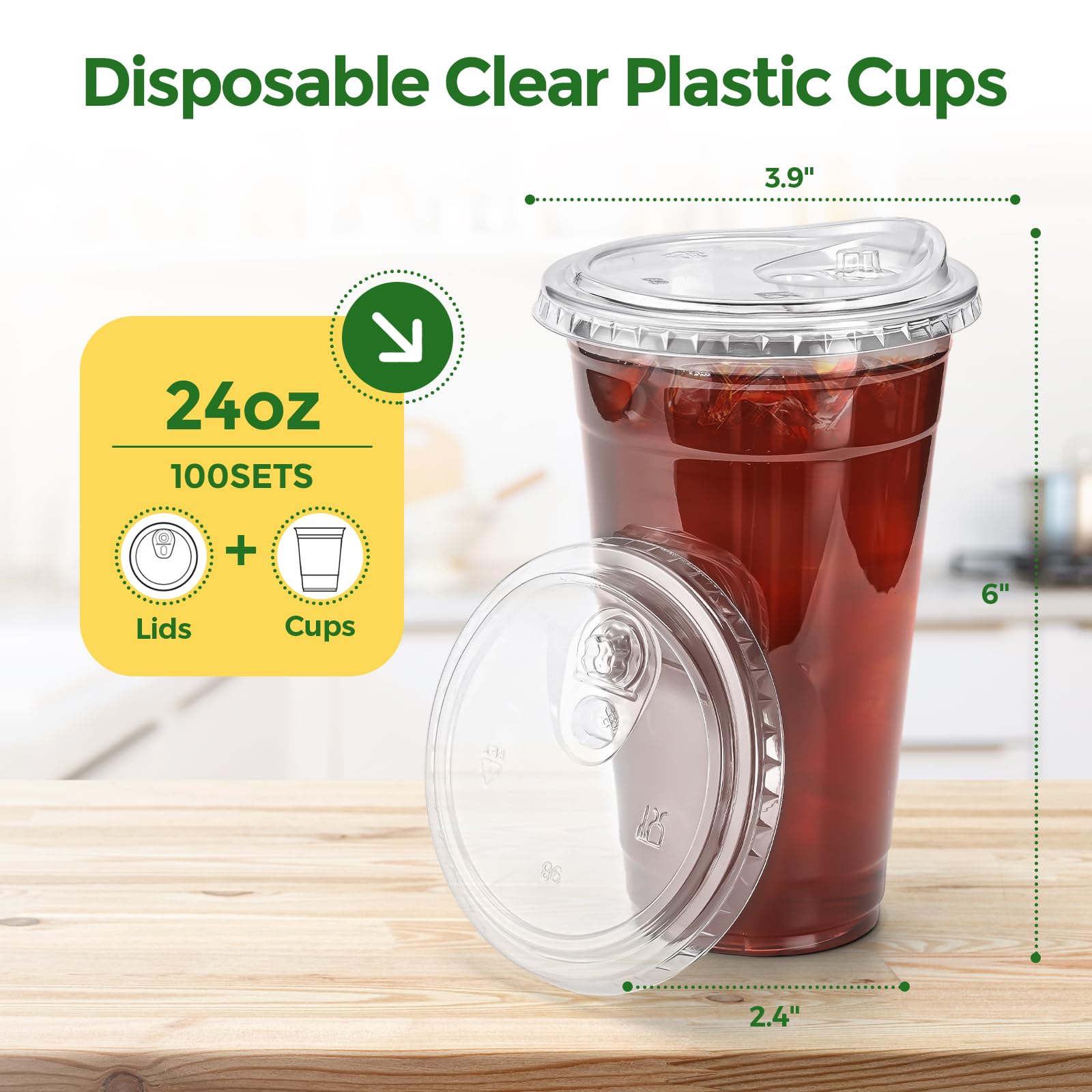 Glotoch Express Clear Plastic Cups with Lids, [100 Sets - 24oz] Disposable Crystal Iced Coffee Cups - Strawless Sip Lids - Sturdy To Go Cup for Smoothie, Cold Drinks, Juice