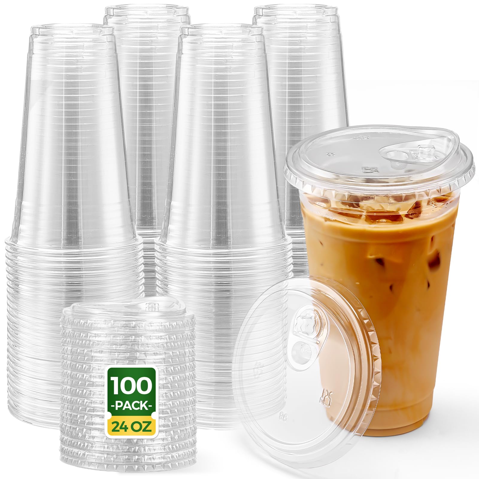 Glotoch Express Clear Plastic Cups with Lids, [100 Sets - 24oz] Disposable Crystal Iced Coffee Cups - Strawless Sip Lids - Sturdy To Go Cup for Smoothie, Cold Drinks, Juice