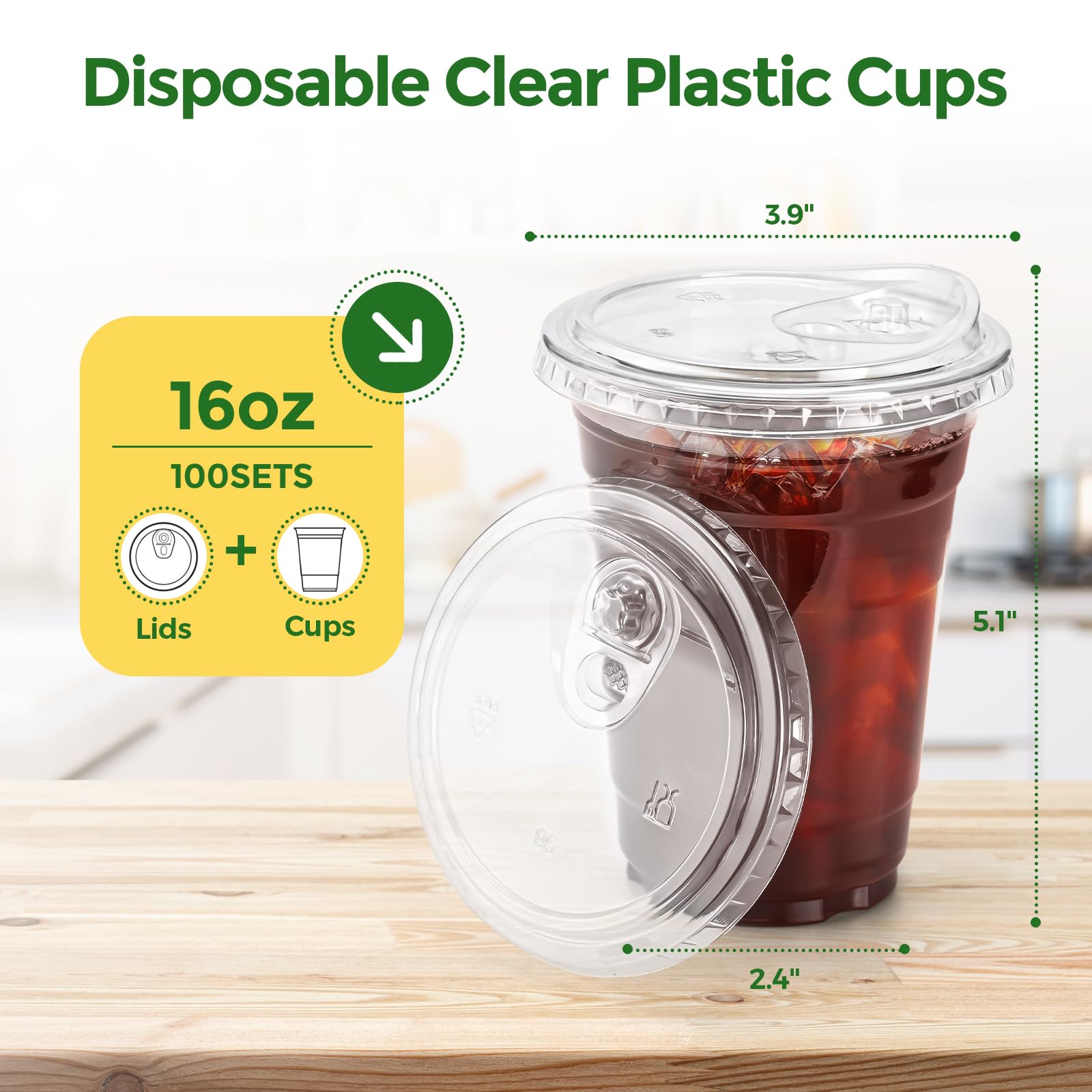 Glotoch Express Clear Plastic Cups with Lids, [100 Sets - 24oz] Disposable Crystal Iced Coffee Cups - Strawless Sip Lids - Sturdy To Go Cup for Smoothie, Cold Drinks, Juice