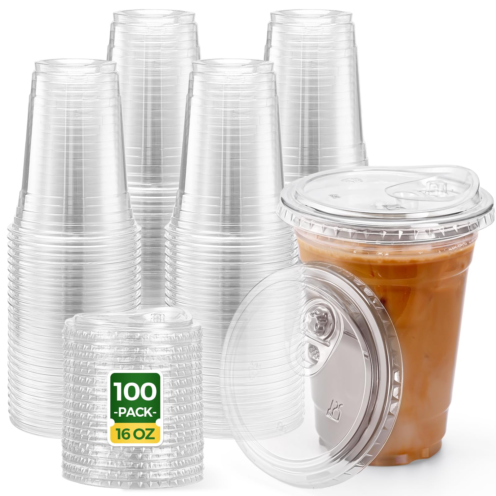 Glotoch Express Clear Plastic Cups with Lids, [100 Sets - 24oz] Disposable Crystal Iced Coffee Cups - Strawless Sip Lids - Sturdy To Go Cup for Smoothie, Cold Drinks, Juice