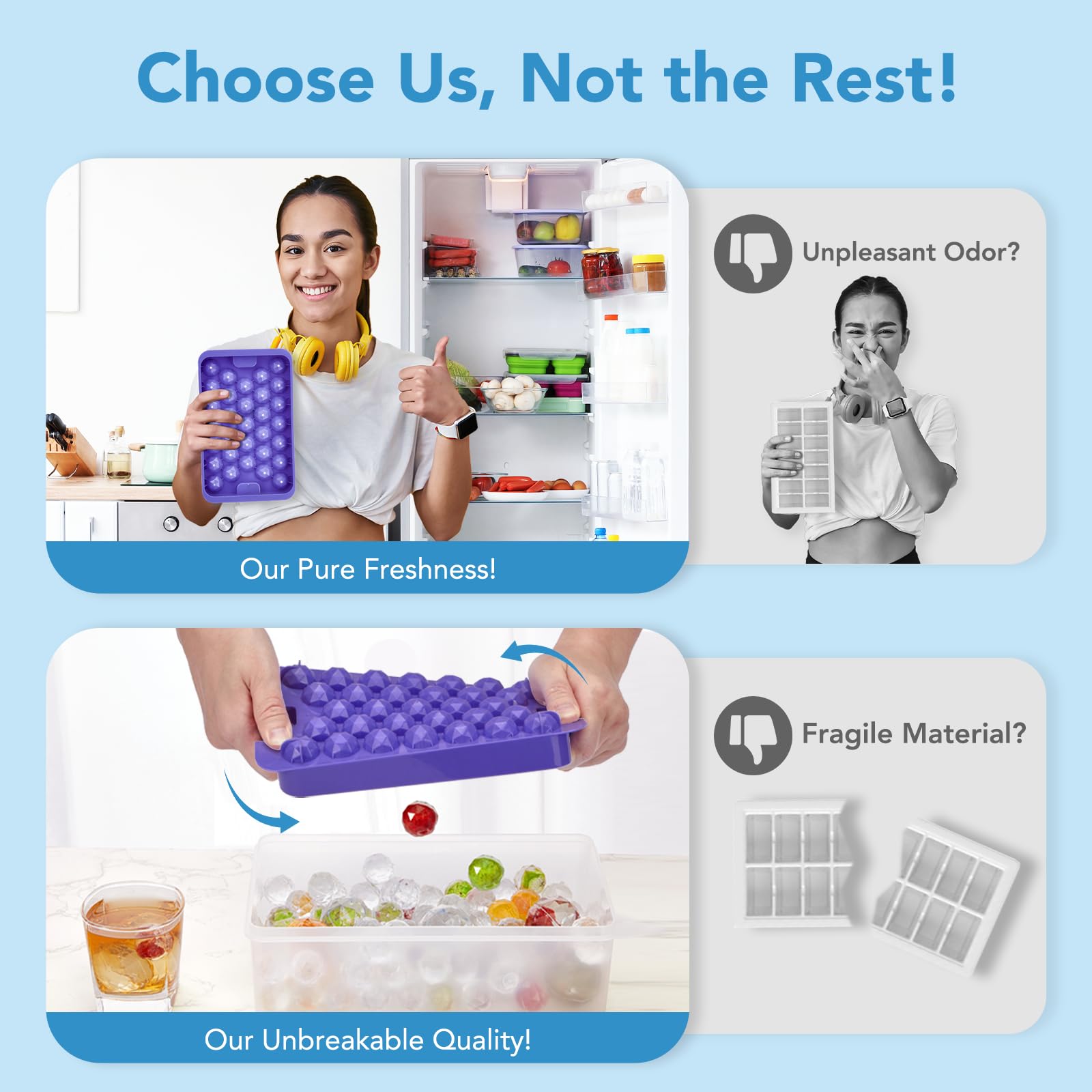 Glotoch Ice Cube Tray for Freezer with Bin BPA Free Plastic, Round Diamond Shape Mini 1 Inch Ice Cube for Coffee,Whiskey,Cocktail, Easy Release Ice Cube Mold Set of 2 (Total 62 Mini Ice Balls)