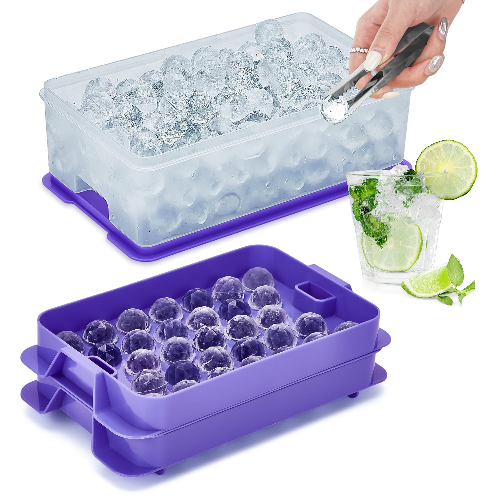 Glotoch Ice Cube Tray for Freezer with Bin BPA Free Plastic, Round Diamond Shape Mini 1 Inch Ice Cube for Coffee,Whiskey,Cocktail, Easy Release Ice Cube Mold Set of 2 (Total 62 Mini Ice Balls)