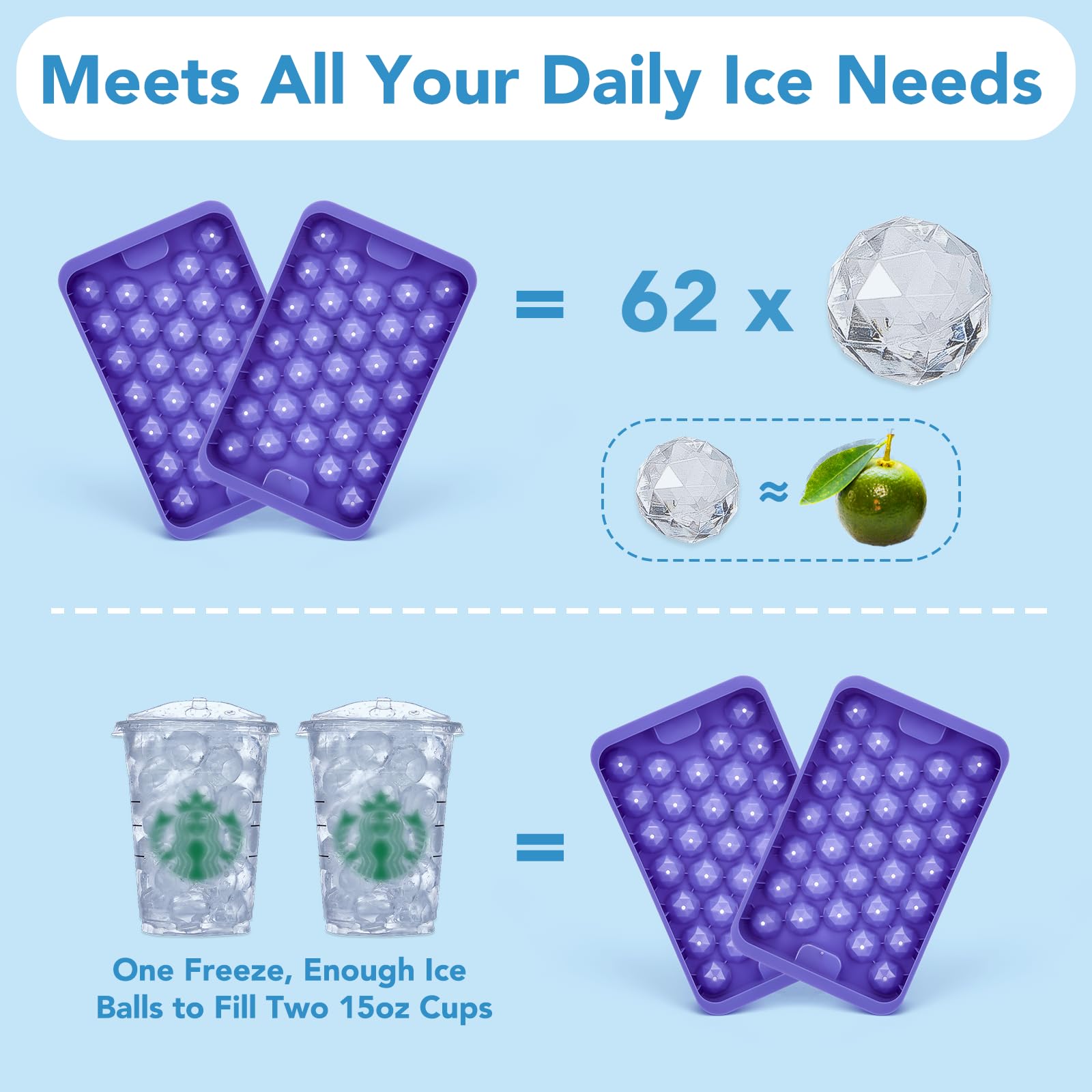 Glotoch Ice Cube Tray for Freezer with Bin BPA Free Plastic, Round Diamond Shape Mini 1 Inch Ice Cube for Coffee,Whiskey,Cocktail, Easy Release Ice Cube Mold Set of 2 (Total 62 Mini Ice Balls)