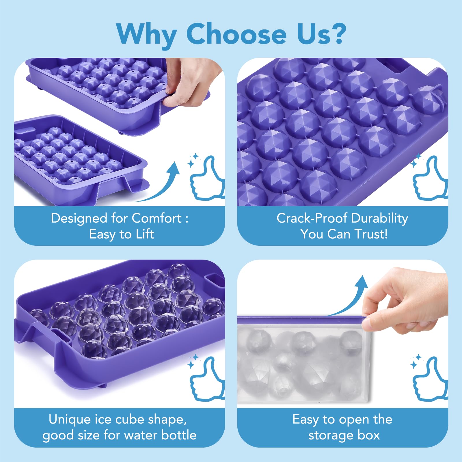 Glotoch Ice Cube Tray for Freezer with Bin BPA Free Plastic, Round Diamond Shape Mini 1 Inch Ice Cube for Coffee,Whiskey,Cocktail, Easy Release Ice Cube Mold Set of 2 (Total 62 Mini Ice Balls)