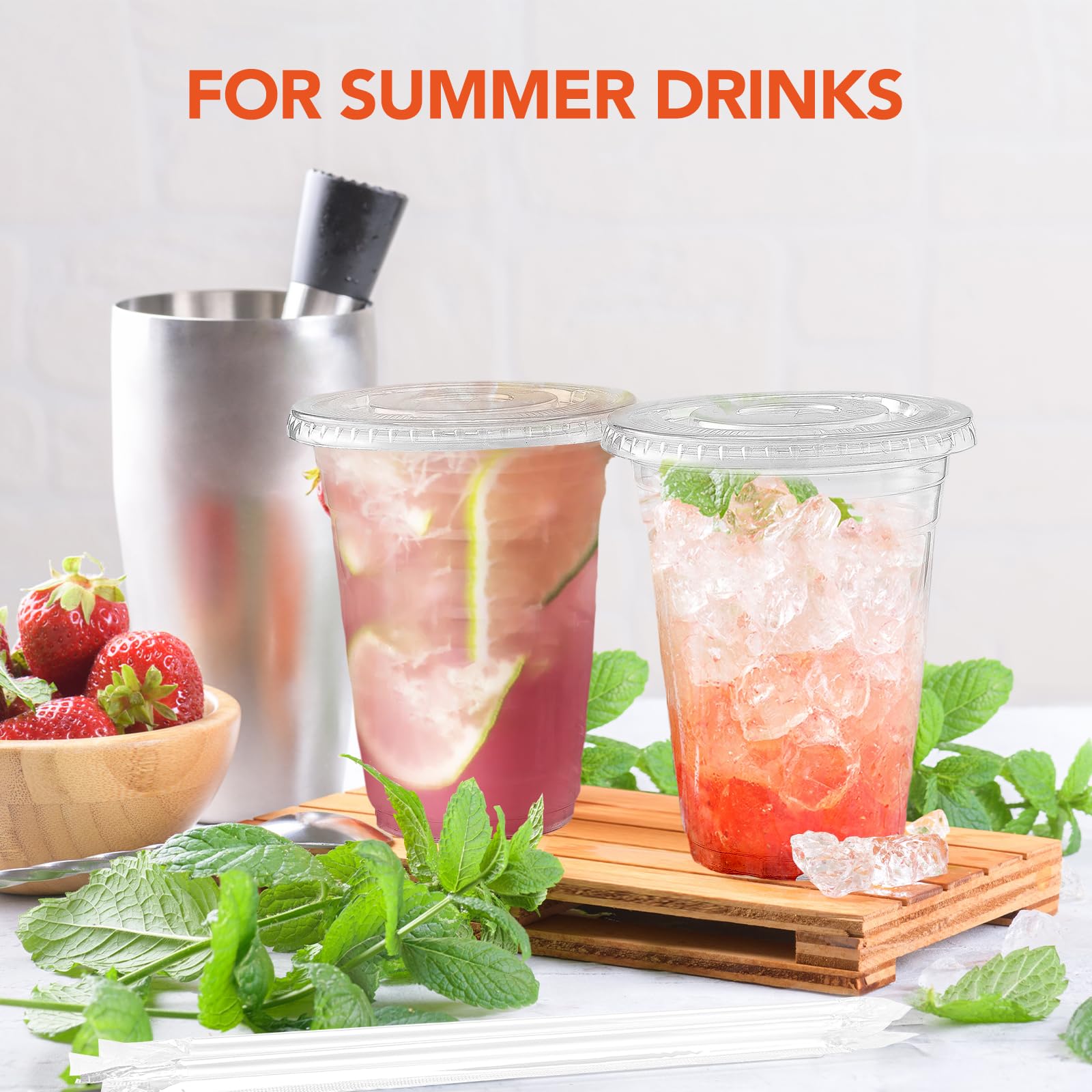 Glotoch Plastic Iced Coffee Cups with Lids and Straws [100 Sets - 16oz] Disposable Clear Crystal Plastic Cups with Lids BPA Free Small To Go Cold Cup for Cold Drinks, Milkshake, Juice