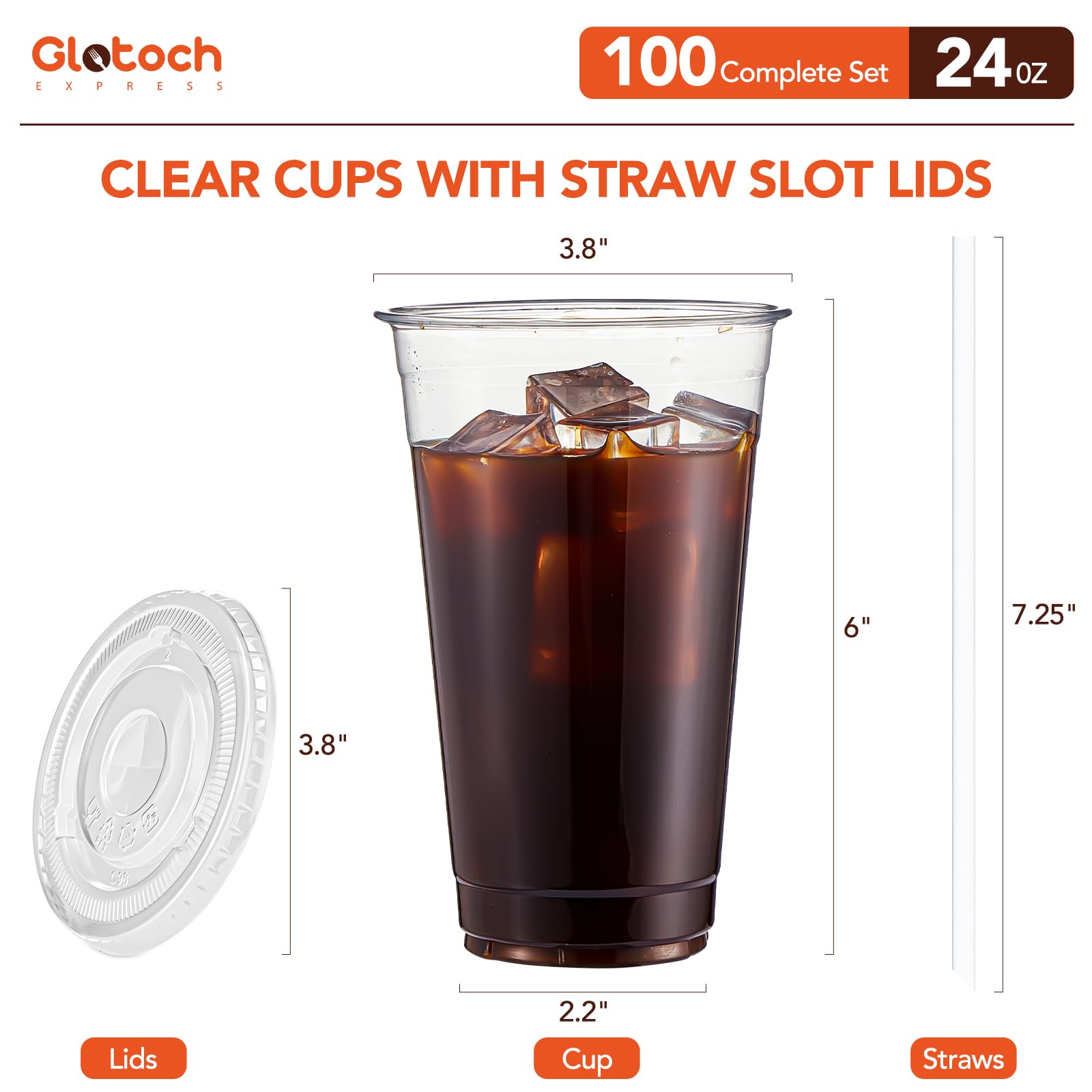 Glotoch Plastic Iced Coffee Cups with Lids and Straws [100 Sets - 16oz] Disposable Clear Crystal Plastic Cups with Lids BPA Free Small To Go Cold Cup for Cold Drinks, Milkshake, Juice