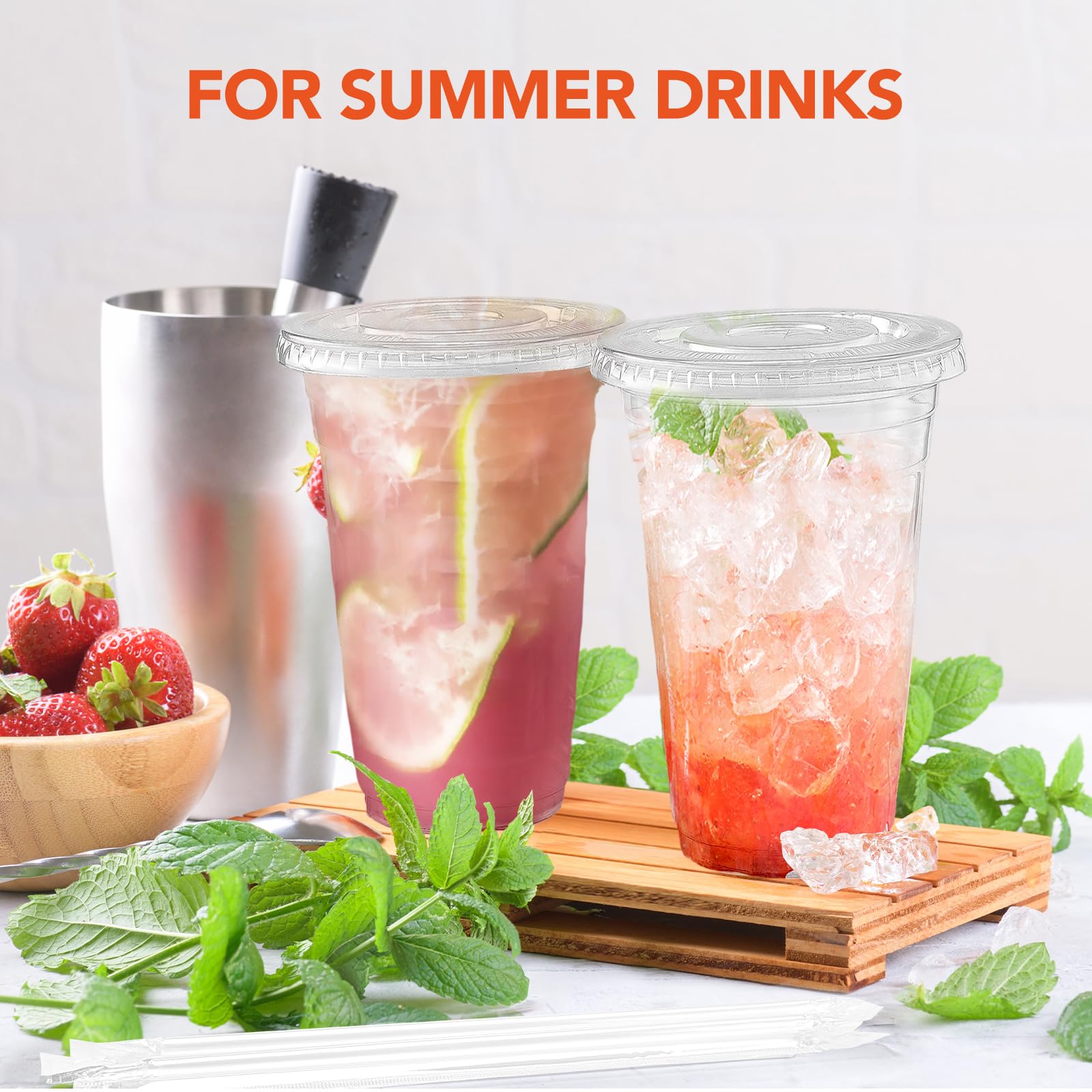 Glotoch Plastic Iced Coffee Cups with Lids and Straws [100 Sets - 16oz] Disposable Clear Crystal Plastic Cups with Lids BPA Free Small To Go Cold Cup for Cold Drinks, Milkshake, Juice