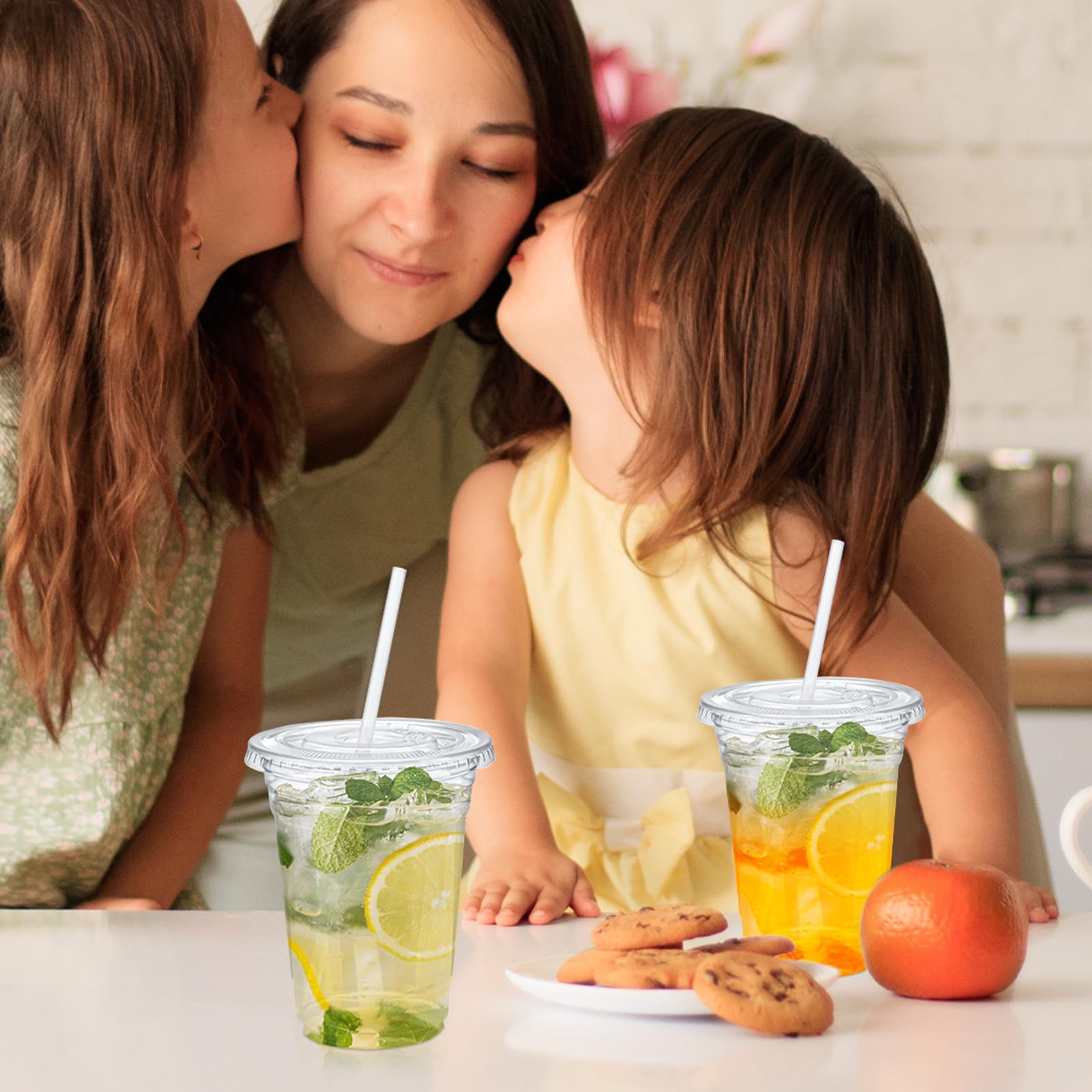 Glotoch Plastic Iced Coffee Cups with Lids and Straws [100 Sets - 16oz] Disposable Clear Crystal Plastic Cups with Lids BPA Free Small To Go Cold Cup for Cold Drinks, Milkshake, Juice