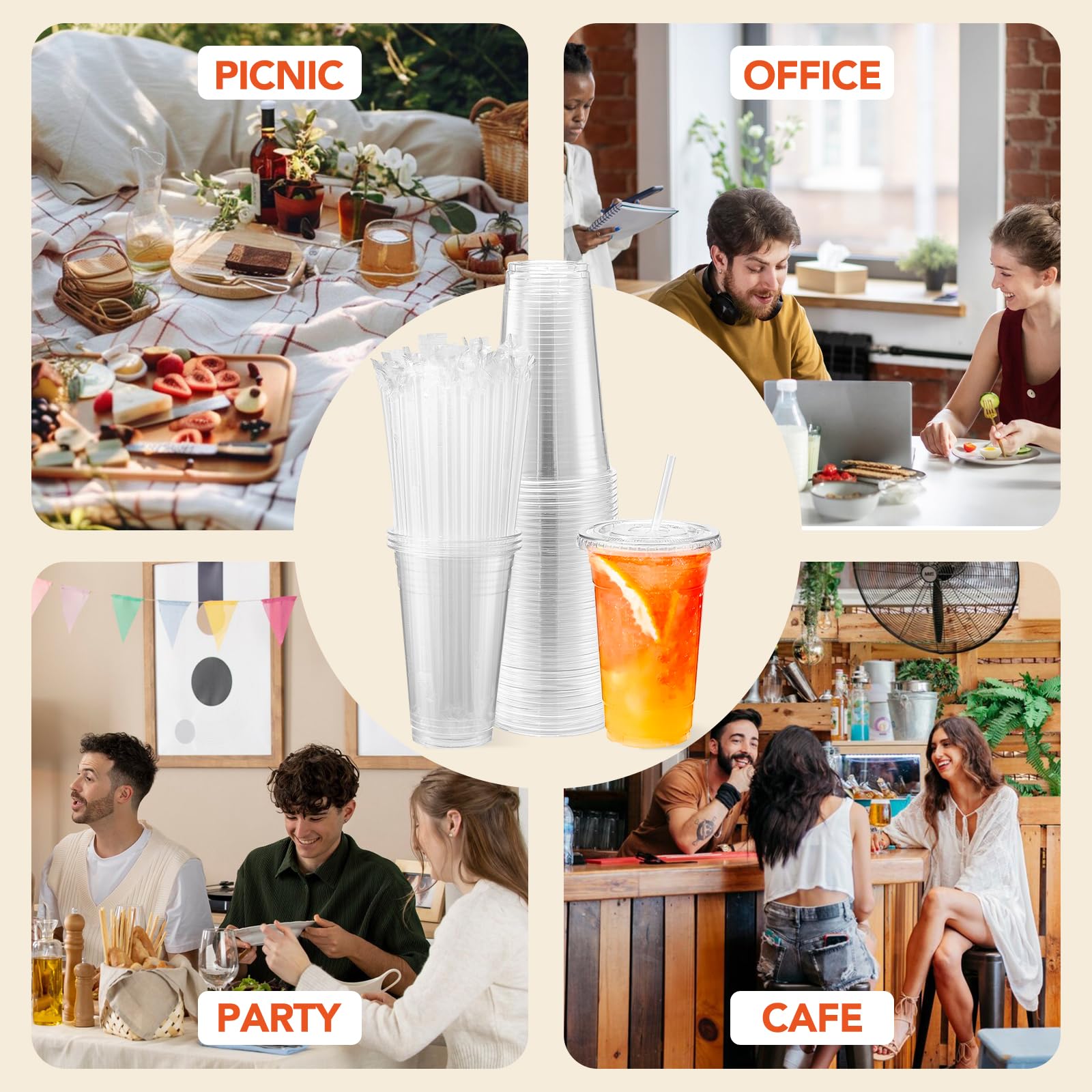 Glotoch Plastic Iced Coffee Cups with Lids and Straws [100 Sets - 16oz] Disposable Clear Crystal Plastic Cups with Lids BPA Free Small To Go Cold Cup for Cold Drinks, Milkshake, Juice