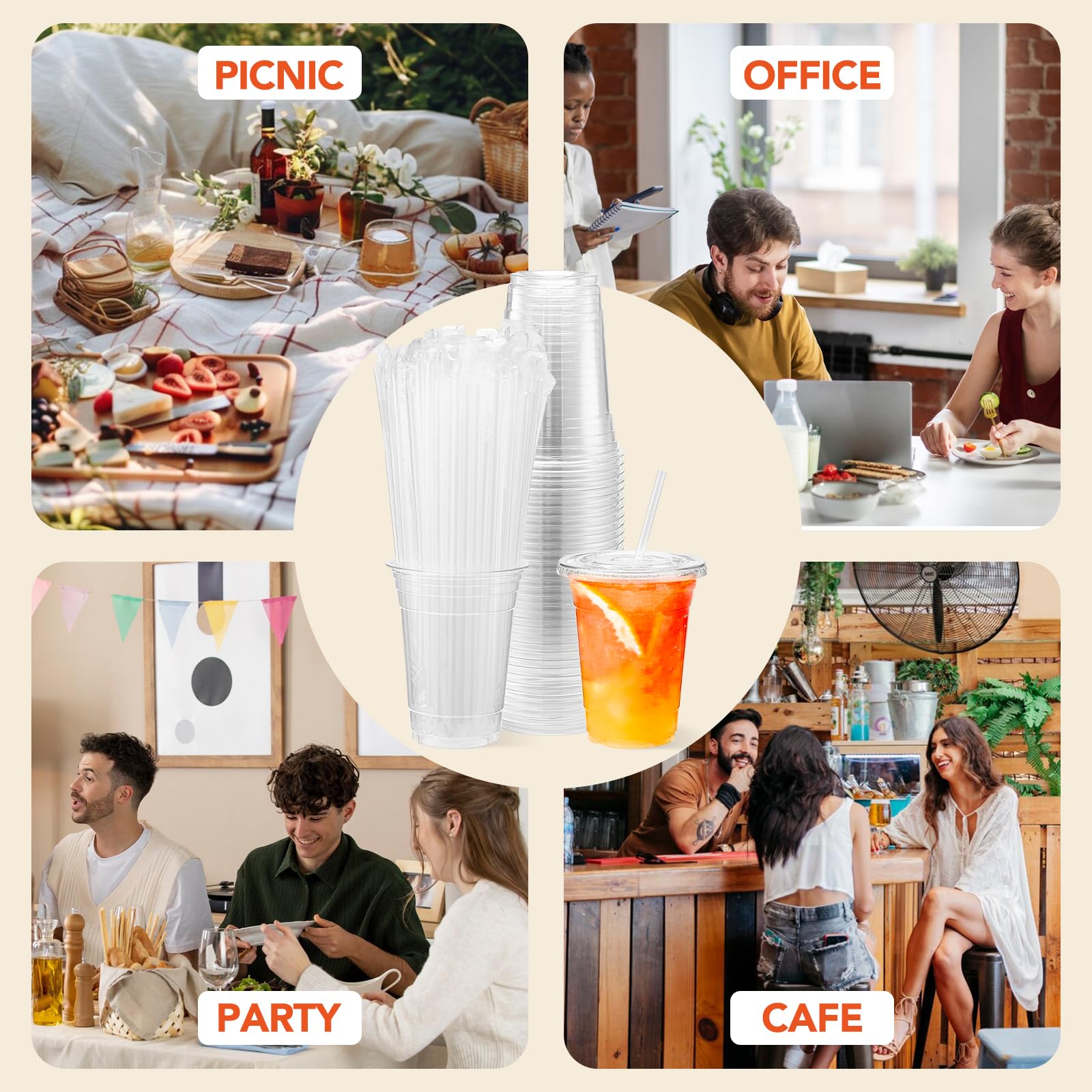Glotoch Plastic Iced Coffee Cups with Lids and Straws [100 Sets - 16oz] Disposable Clear Crystal Plastic Cups with Lids BPA Free Small To Go Cold Cup for Cold Drinks, Milkshake, Juice