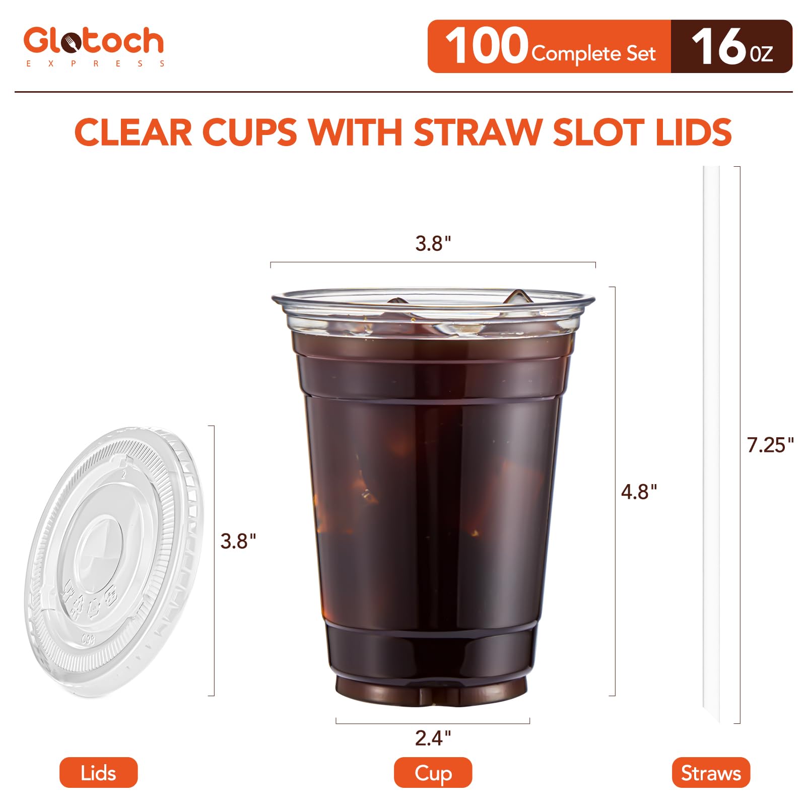 Glotoch Plastic Iced Coffee Cups with Lids and Straws [100 Sets - 16oz] Disposable Clear Crystal Plastic Cups with Lids BPA Free Small To Go Cold Cup for Cold Drinks, Milkshake, Juice