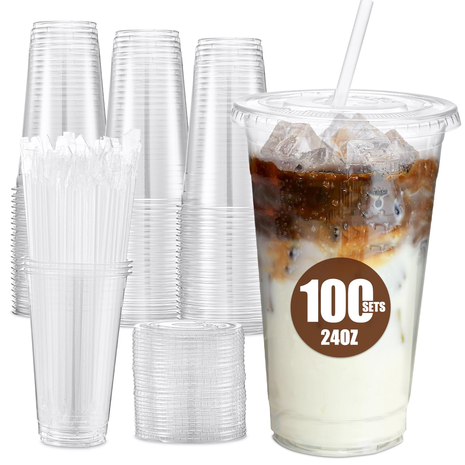 Glotoch Plastic Iced Coffee Cups with Lids and Straws [100 Sets - 16oz] Disposable Clear Crystal Plastic Cups with Lids BPA Free Small To Go Cold Cup for Cold Drinks, Milkshake, Juice