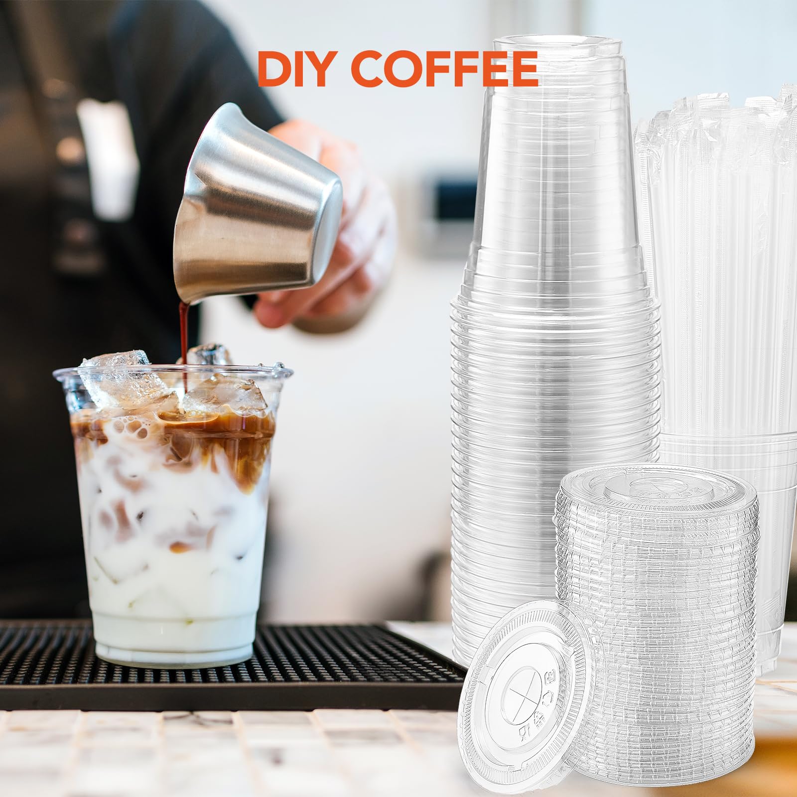 Glotoch Plastic Iced Coffee Cups with Lids and Straws [100 Sets - 16oz] Disposable Clear Crystal Plastic Cups with Lids BPA Free Small To Go Cold Cup for Cold Drinks, Milkshake, Juice