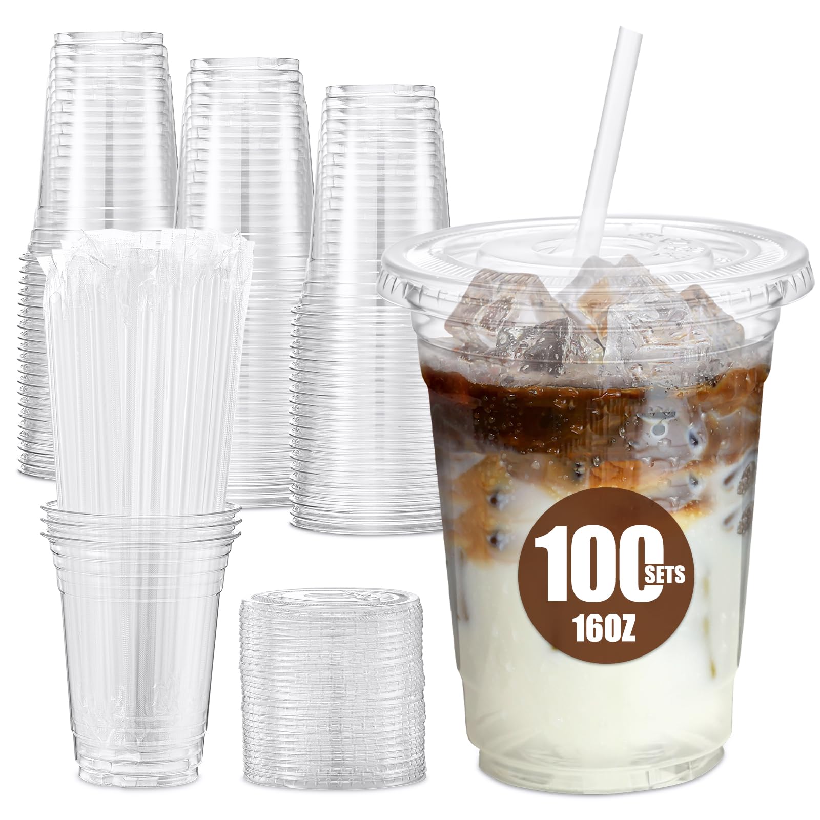 Glotoch Plastic Iced Coffee Cups with Lids and Straws [100 Sets - 16oz] Disposable Clear Crystal Plastic Cups with Lids BPA Free Small To Go Cold Cup for Cold Drinks, Milkshake, Juice