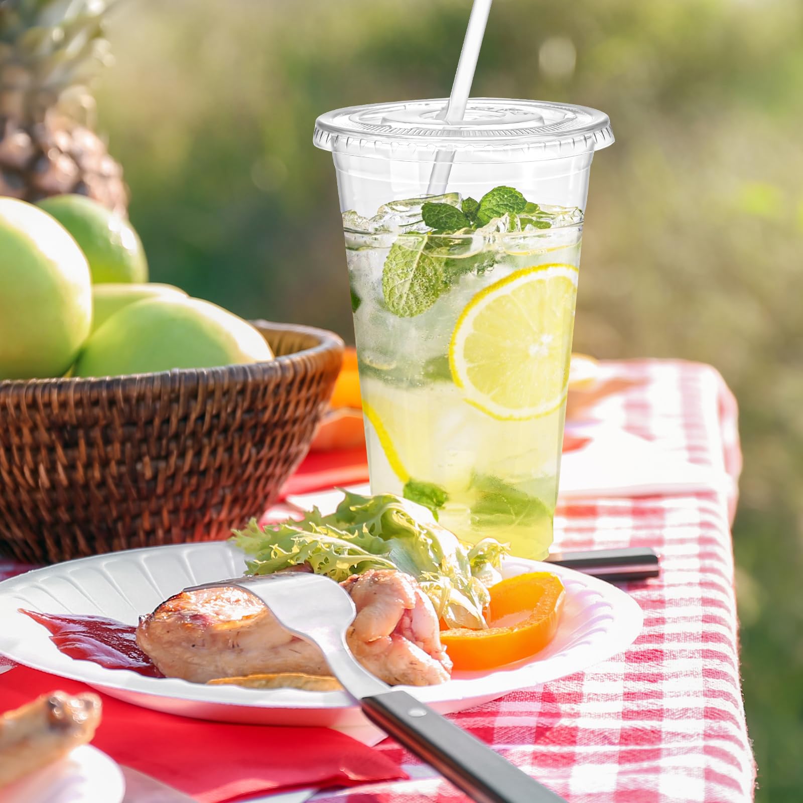 Glotoch Plastic Iced Coffee Cups with Lids and Straws [100 Sets - 16oz] Disposable Clear Crystal Plastic Cups with Lids BPA Free Small To Go Cold Cup for Cold Drinks, Milkshake, Juice