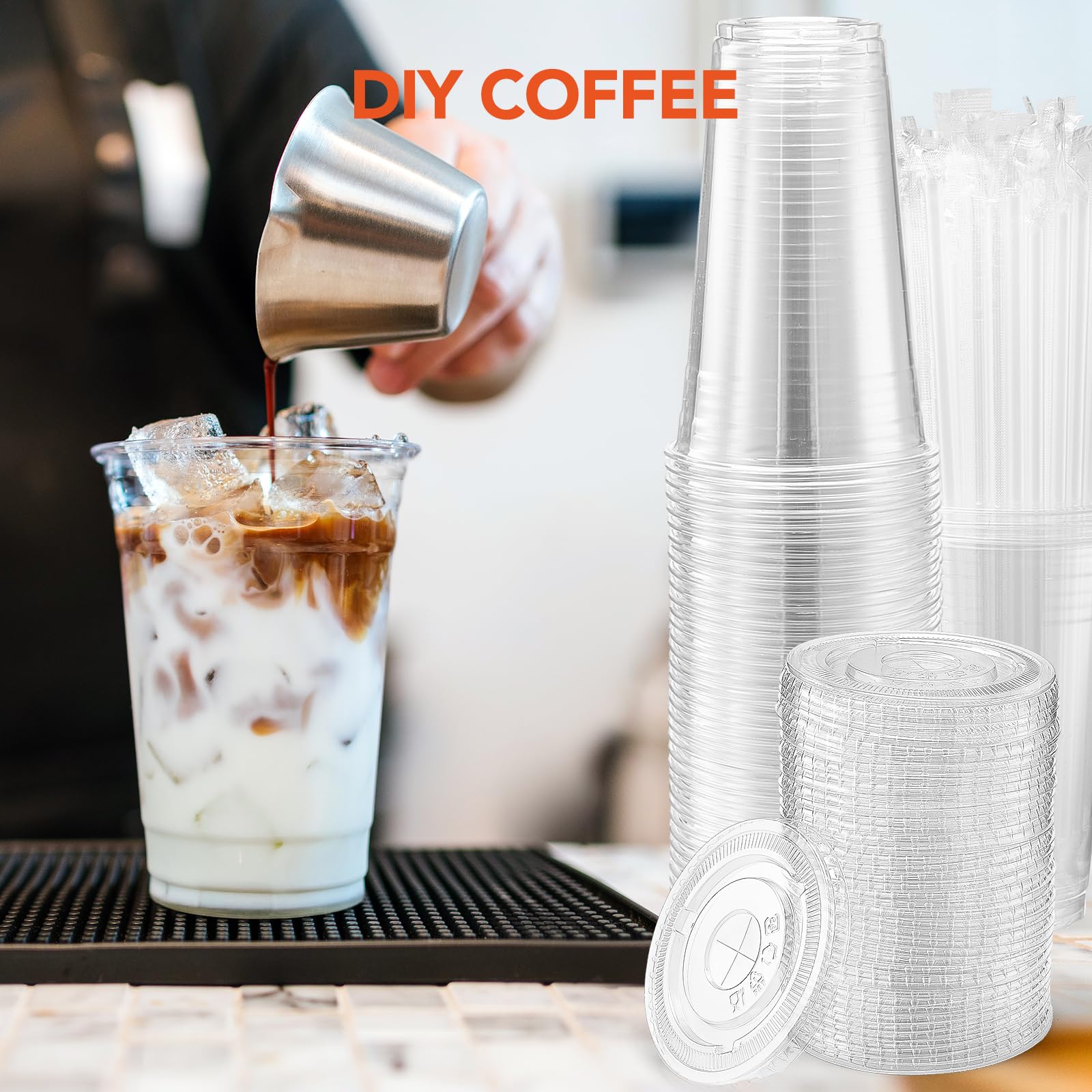 Glotoch Plastic Iced Coffee Cups with Lids and Straws [100 Sets - 16oz] Disposable Clear Crystal Plastic Cups with Lids BPA Free Small To Go Cold Cup for Cold Drinks, Milkshake, Juice