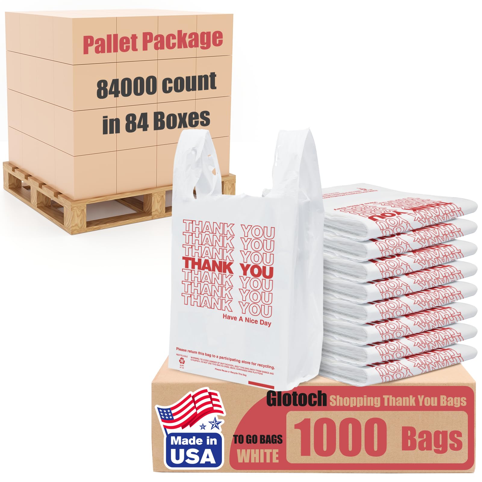 Glotoch Plastic Thank You Bags 1000 Count, 12" x 6.5" x 21" White Grocery Bags with Handles for Restaurant, Retail, Grocery Store, Takeout, Convenience Stores, T-shirt Shopping Bag in Bulk