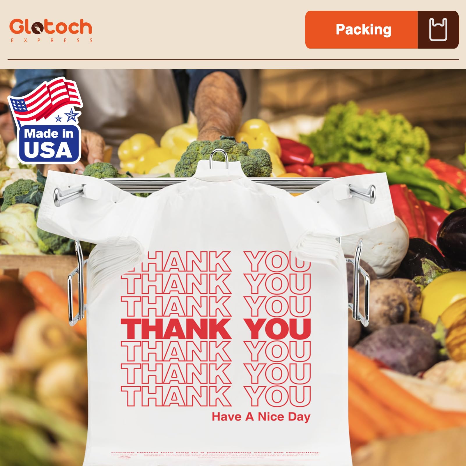 Glotoch Plastic Thank You Bags 1000 Count, 12" x 6.5" x 21" White Grocery Bags with Handles for Restaurant, Retail, Grocery Store, Takeout, Convenience Stores, T-shirt Shopping Bag in Bulk
