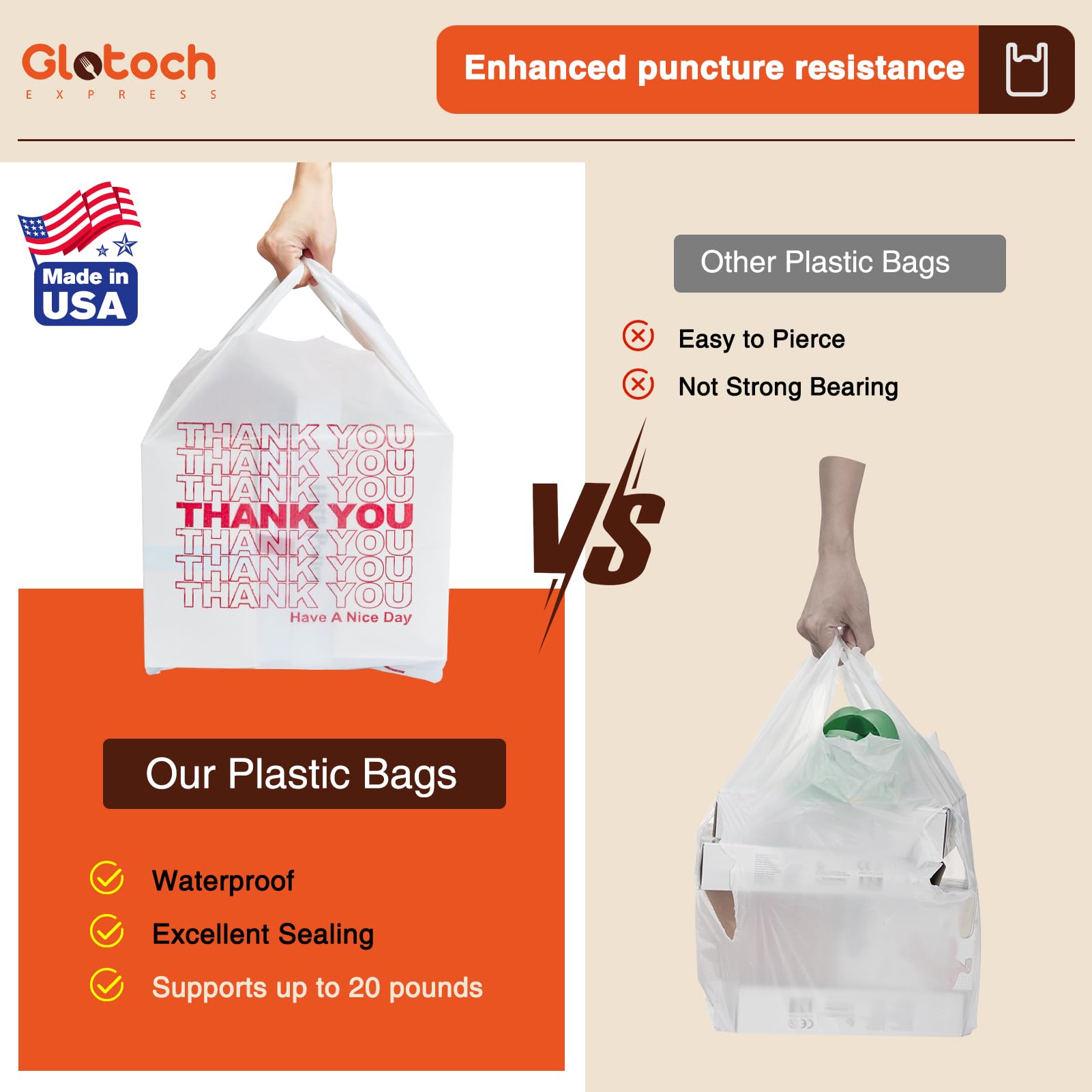 Glotoch Plastic Thank You Bags 1000 Count, 12" x 6.5" x 21" White Grocery Bags with Handles for Restaurant, Retail, Grocery Store, Takeout, Convenience Stores, T-shirt Shopping Bag in Bulk