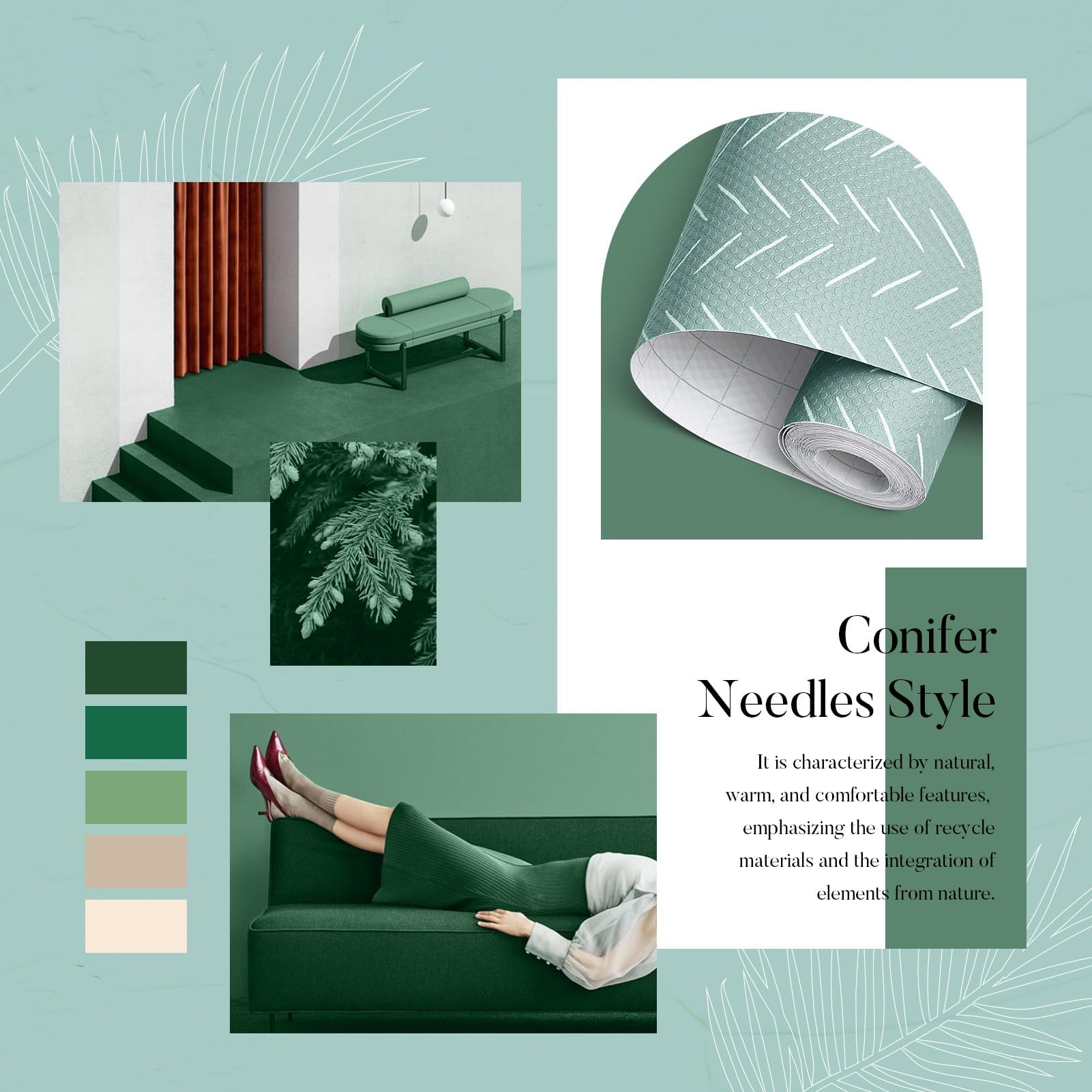 Glotoch Self Adhesive Shelf Liner for Kitchen Cabinets, Renter Friendly Peel and Stick Shlef Liners, Premium Contact Shelf Paper for Drawer, Bathroom, Pantry, Green Herringbone