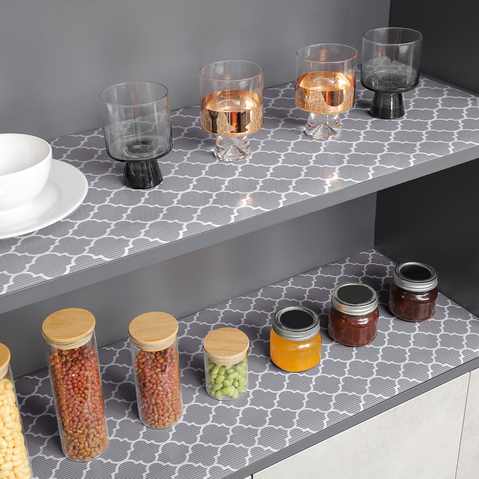 Glotoch Shelf Liner for Kitchen Cabinets Non Adhesive, 12" x20FT(240 Inch) Non Slip Drawer Liners, Waterproof Shelf Paper Closet Liners for Refrigerator Gray