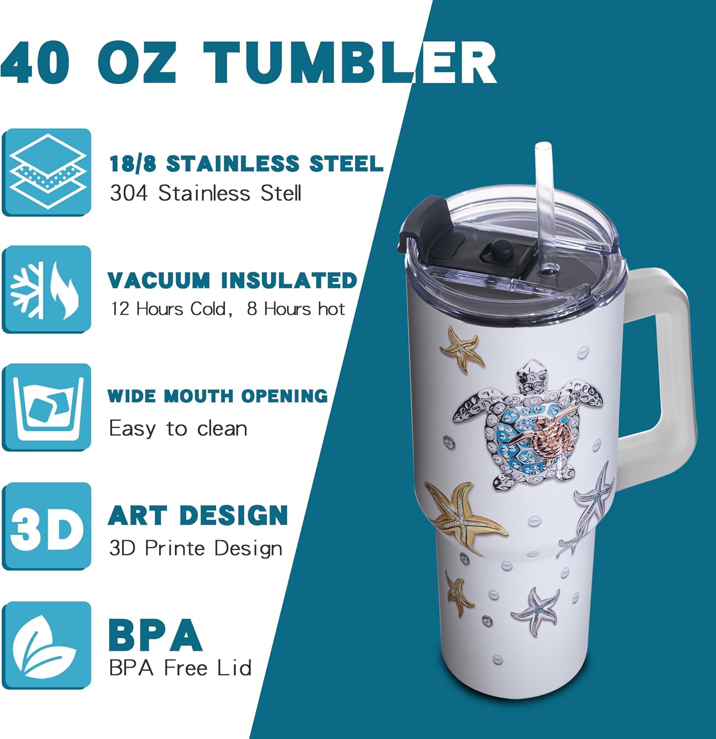 Gome 40 oz Sea Turtle Tumbler with Handle - Insulated Stainless Steel Ocean-Themed Cup with Lid and Straw - Keeps Drinks Cold and Hot,Birthday Gifts for Women - Hand Wash Only