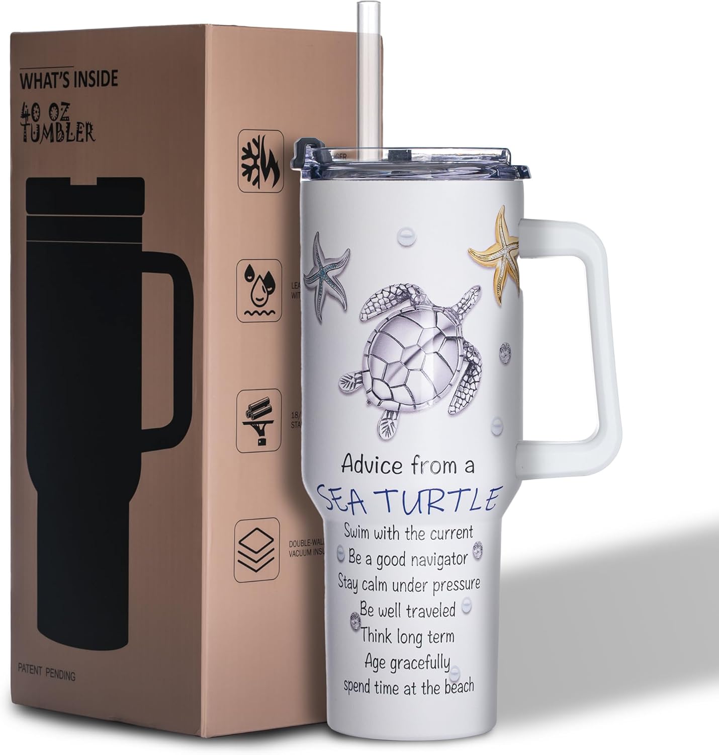 Gome 40 oz Sea Turtle Tumbler with Handle - Insulated Stainless Steel Ocean-Themed Cup with Lid and Straw - Keeps Drinks Cold and Hot,Birthday Gifts for Women - Hand Wash Only
