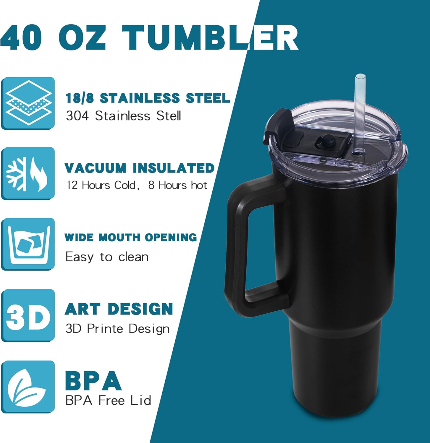 Gome 40 oz Tumbler with Handle Black - Stainless Steel Cup with Straw - Insulated Coffee Mug with Lid - Daisy Birthday Gifts for Women - Hand Wash Only