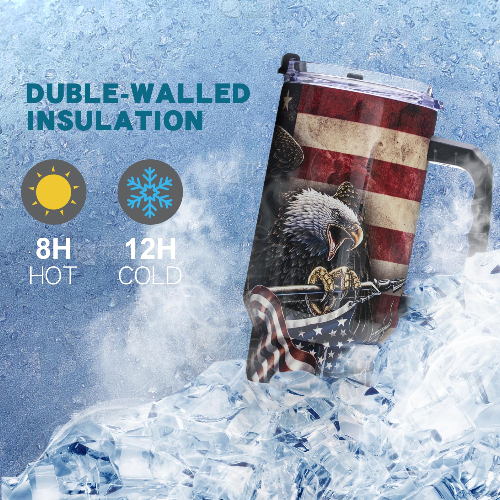 Gome 40oz American Flag & Eagle Tumbler – Patriotic 4th of July Gifts for Men, Veterans & Military, Insulated Stainless Steel Cup with Handle, Lid & Straw, Independence Day Gift for Dad