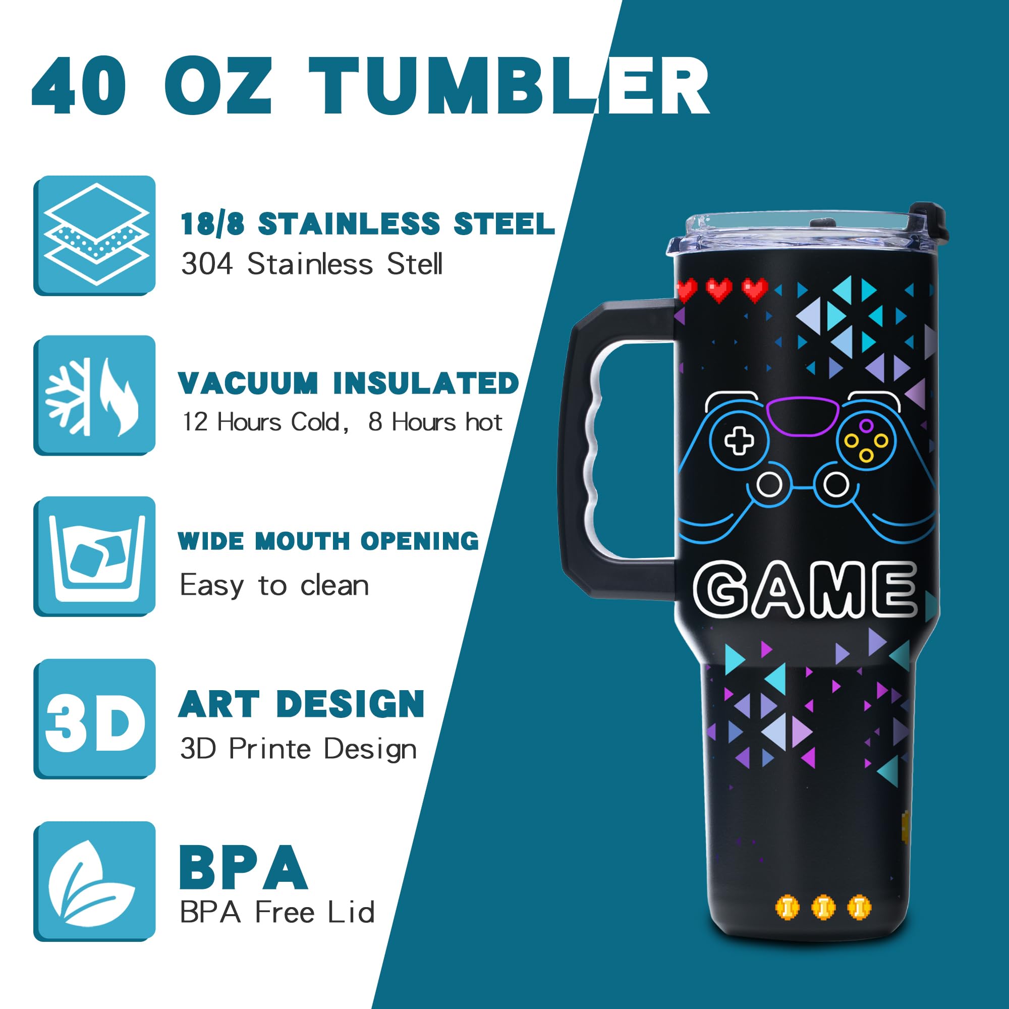 Gome 40oz Neon Gaming Tumbler - Gamer Gifts for Men & Boys - Birthday Gifts for Game Lovers, Boyfriend Insulated Stainless Steel Gamer Cup with Handle