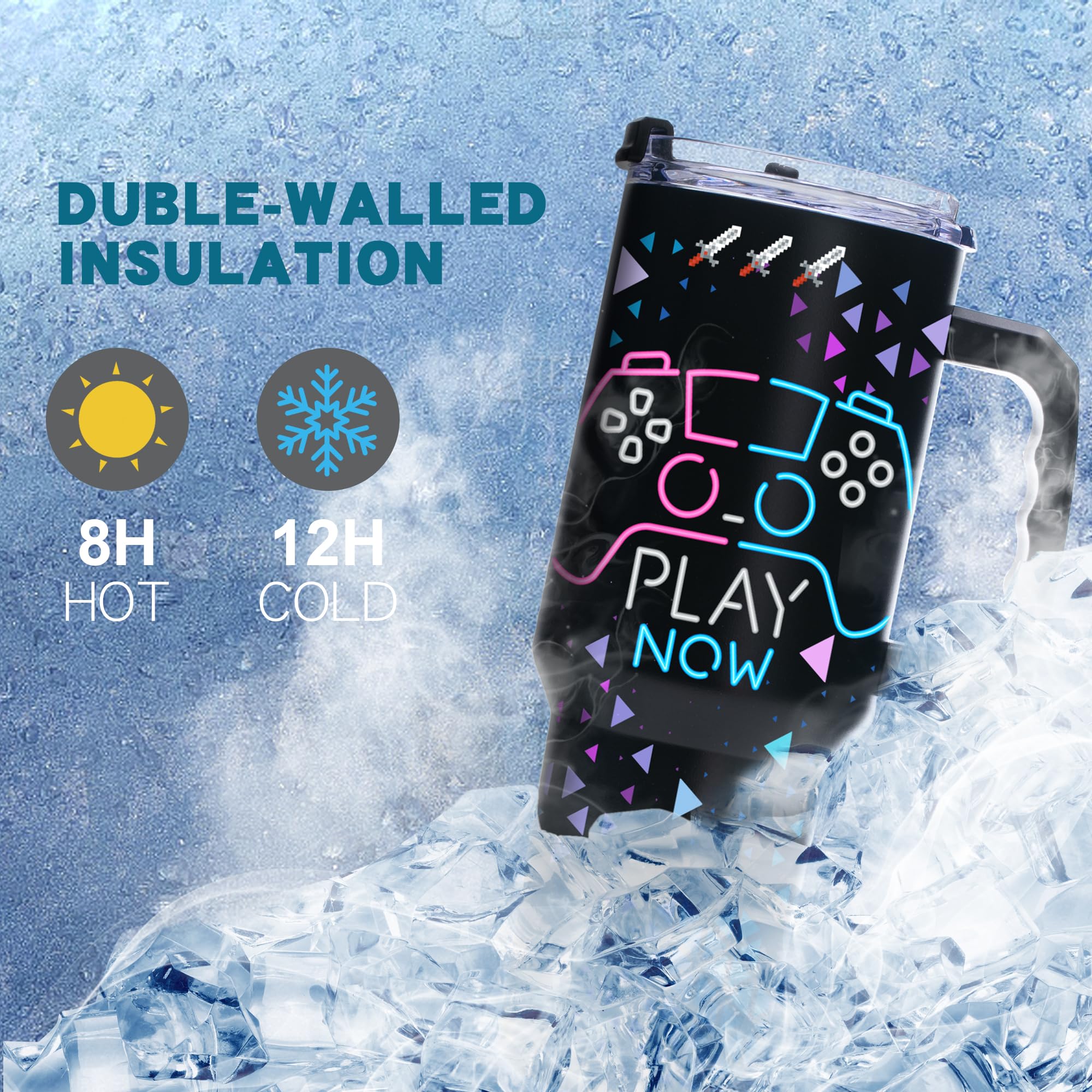 Gome 40oz Neon Gaming Tumbler - Gamer Gifts for Men & Boys - Birthday Gifts for Game Lovers, Boyfriend Insulated Stainless Steel Gamer Cup with Handle