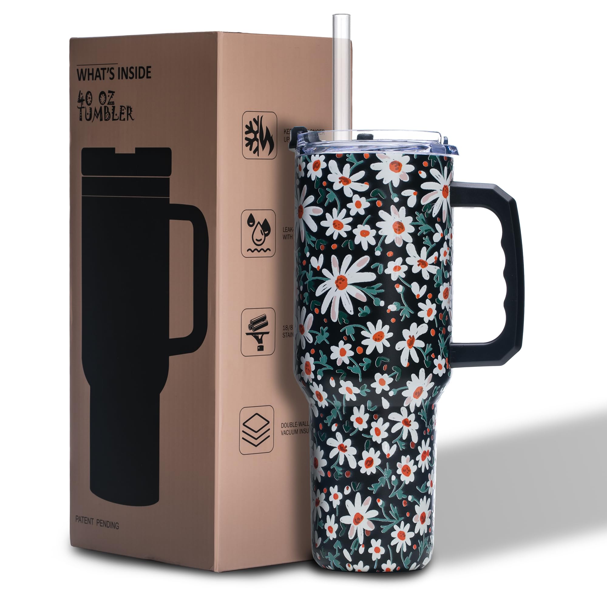 Gome Sunflower 40 oz Tumbler with Handle - Insulated Stainless Steel Sunflower Cup with Lid and Straw - Keeps Drinks Cold and Hot, Inspirational Birthday Gifts for Women - Hand Wash Only