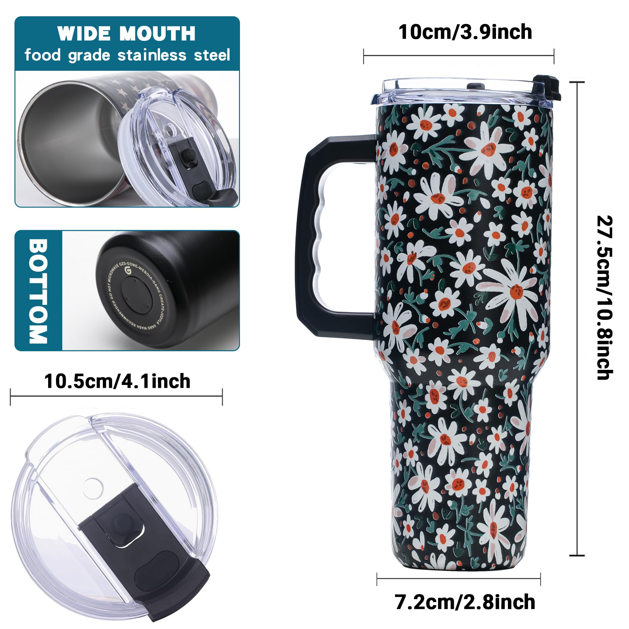 Gome Sunflower 40 oz Tumbler with Handle - Insulated Stainless Steel Sunflower Cup with Lid and Straw - Keeps Drinks Cold and Hot, Inspirational Birthday Gifts for Women - Hand Wash Only