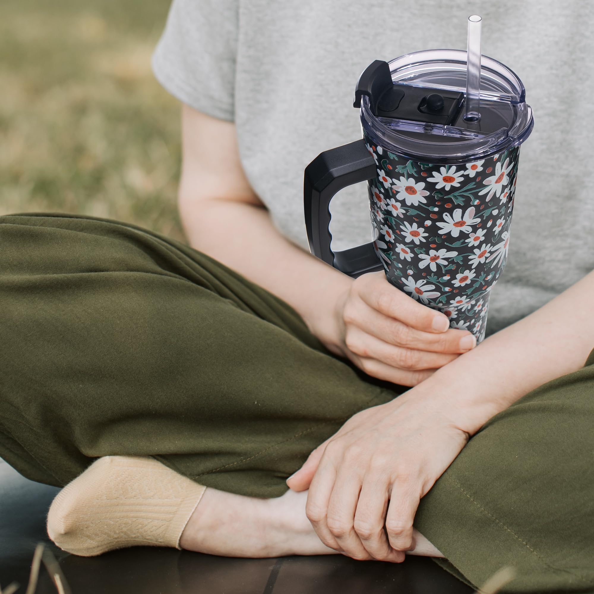 Gome Sunflower 40 oz Tumbler with Handle - Insulated Stainless Steel Sunflower Cup with Lid and Straw - Keeps Drinks Cold and Hot, Inspirational Birthday Gifts for Women - Hand Wash Only