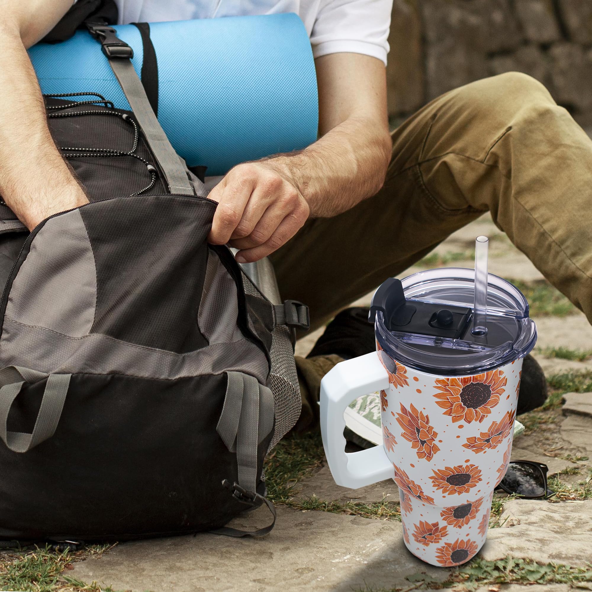 Gome Sunflower 40 oz Tumbler with Handle - Insulated Stainless Steel Sunflower Cup with Lid and Straw - Keeps Drinks Cold and Hot, Inspirational Birthday Gifts for Women - Hand Wash Only