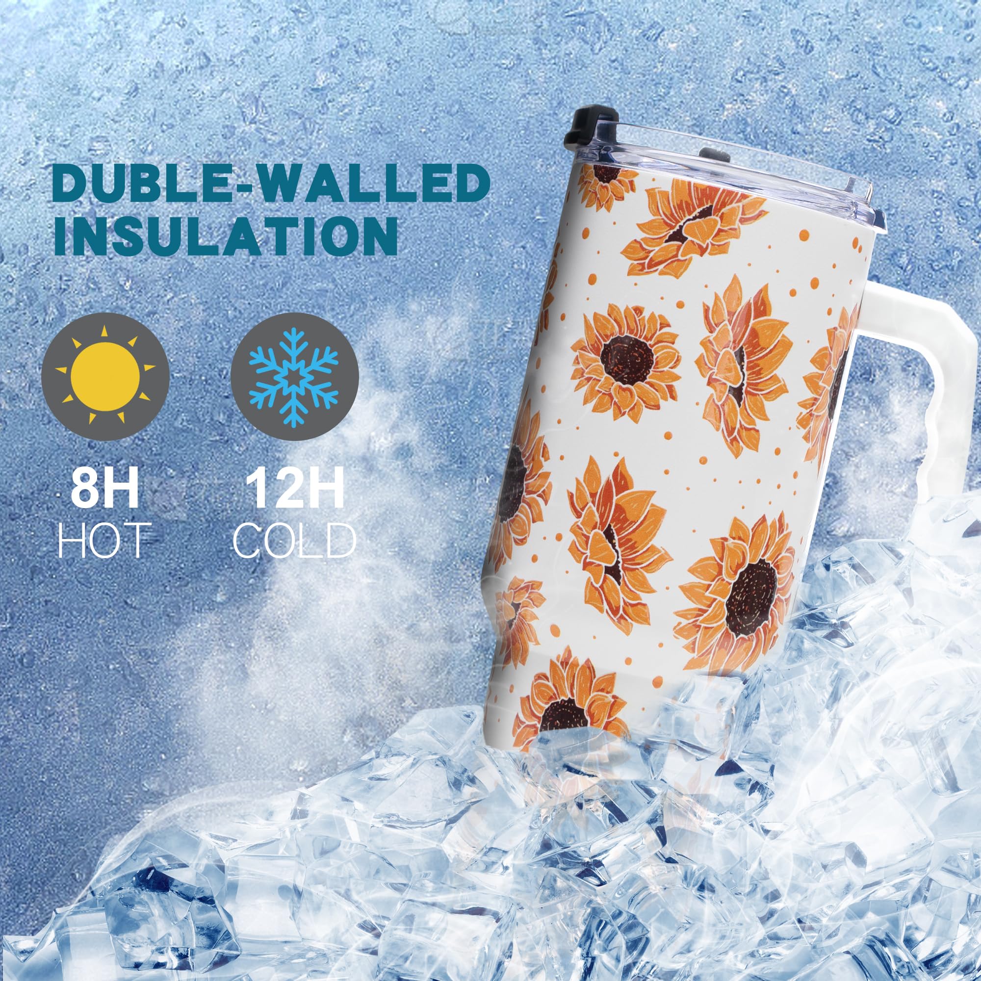 Gome Sunflower 40 oz Tumbler with Handle - Insulated Stainless Steel Sunflower Cup with Lid and Straw - Keeps Drinks Cold and Hot, Inspirational Birthday Gifts for Women - Hand Wash Only