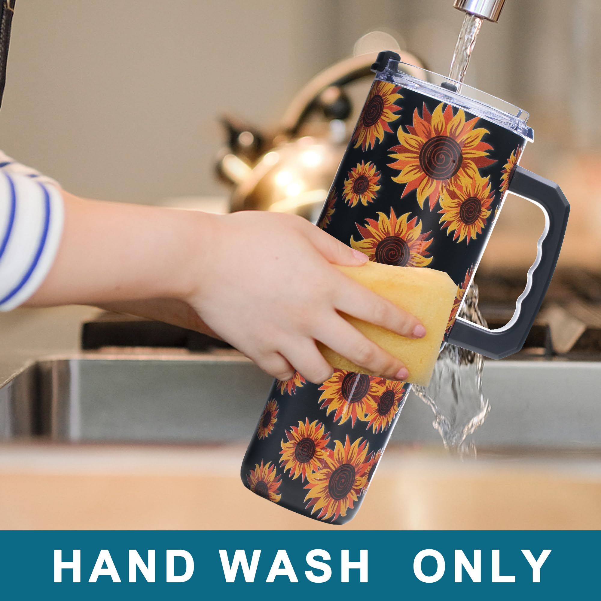 Gome Sunflower 40 oz Tumbler with Handle - Insulated Stainless Steel Sunflower Cup with Lid and Straw - Keeps Drinks Cold and Hot, Inspirational Birthday Gifts for Women - Hand Wash Only