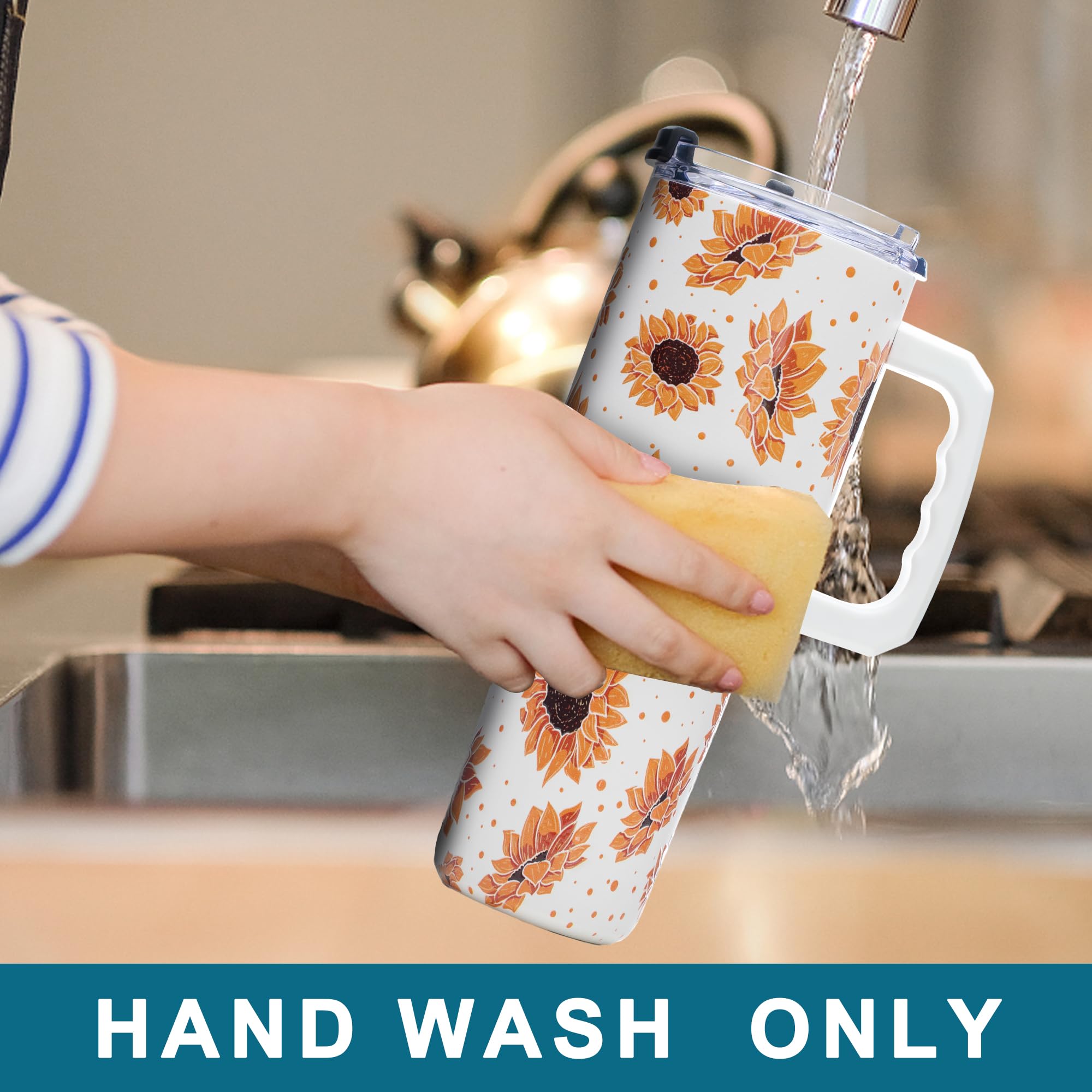 Gome Sunflower 40 oz Tumbler with Handle - Insulated Stainless Steel Sunflower Cup with Lid and Straw - Keeps Drinks Cold and Hot, Inspirational Birthday Gifts for Women - Hand Wash Only