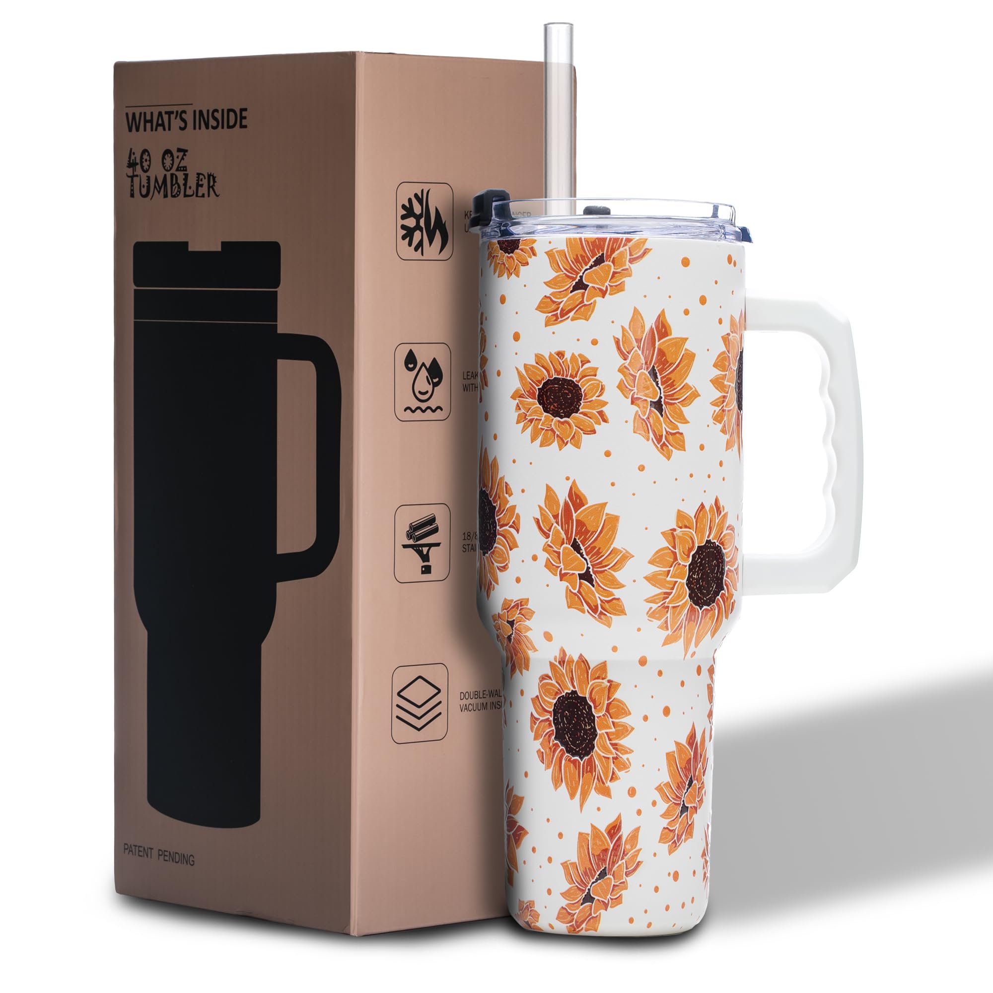 Gome Sunflower 40 oz Tumbler with Handle - Insulated Stainless Steel Sunflower Cup with Lid and Straw - Keeps Drinks Cold and Hot, Inspirational Birthday Gifts for Women - Hand Wash Only
