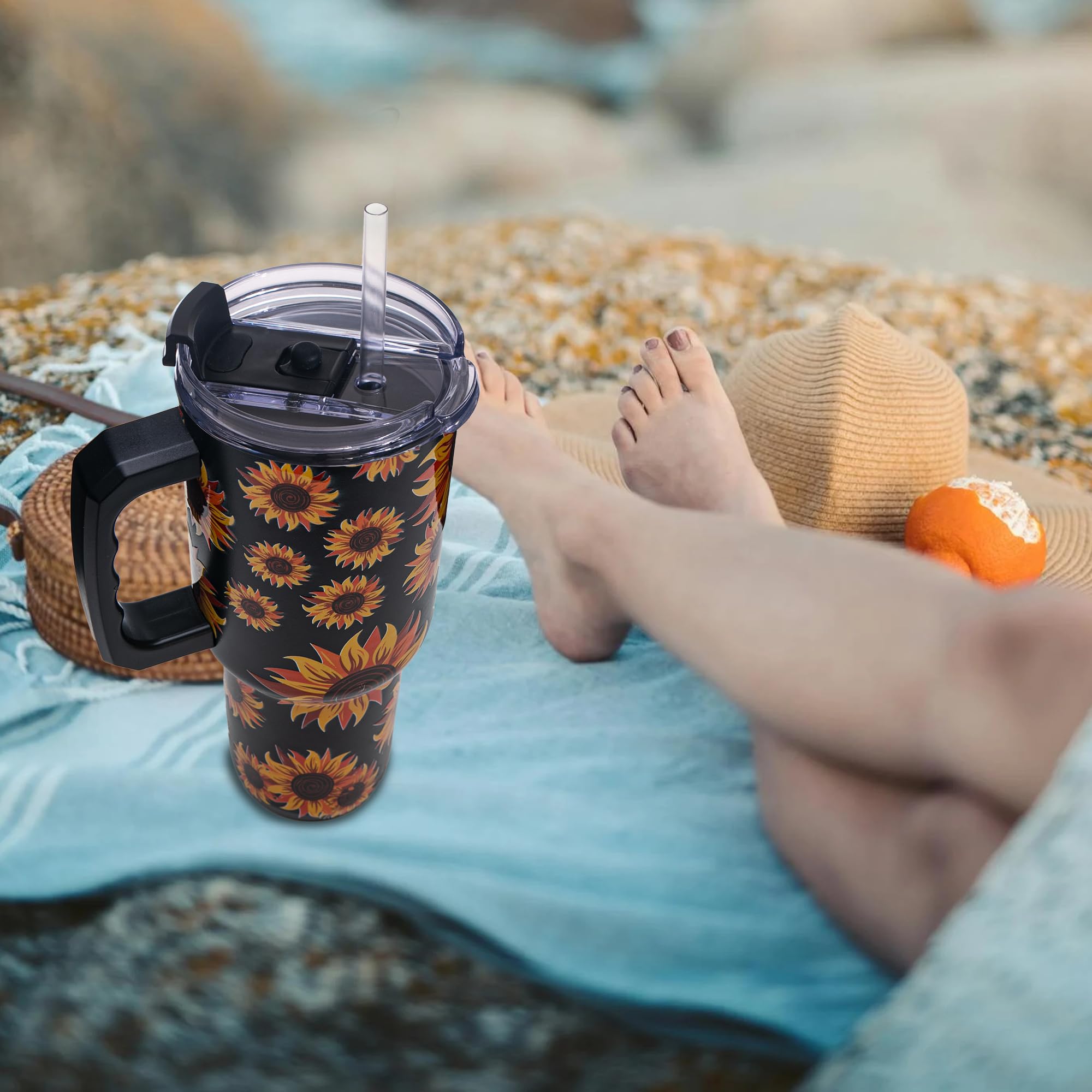 Gome Sunflower 40 oz Tumbler with Handle - Insulated Stainless Steel Sunflower Cup with Lid and Straw - Keeps Drinks Cold and Hot, Inspirational Birthday Gifts for Women - Hand Wash Only