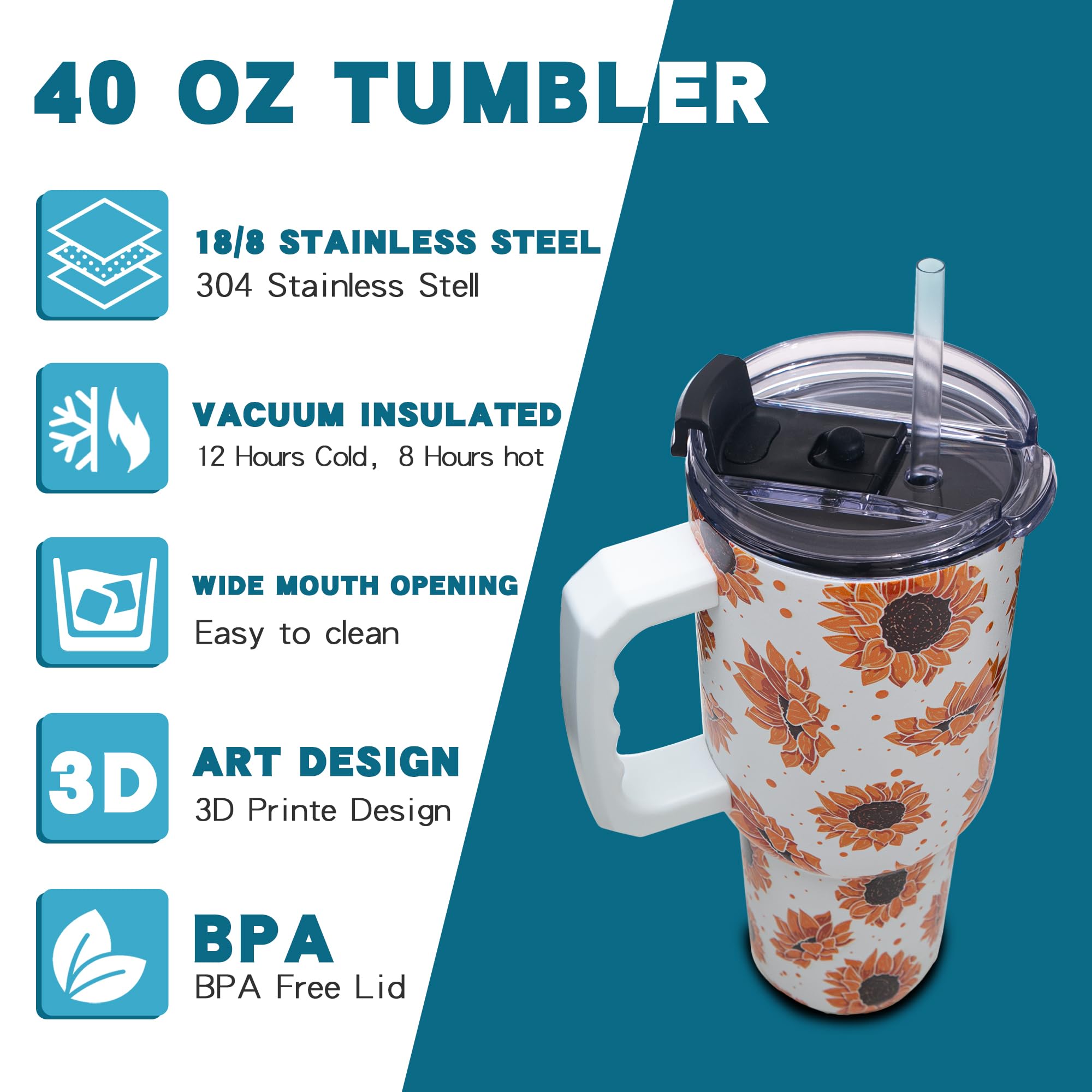 Gome Sunflower 40 oz Tumbler with Handle - Insulated Stainless Steel Sunflower Cup with Lid and Straw - Keeps Drinks Cold and Hot, Inspirational Birthday Gifts for Women - Hand Wash Only