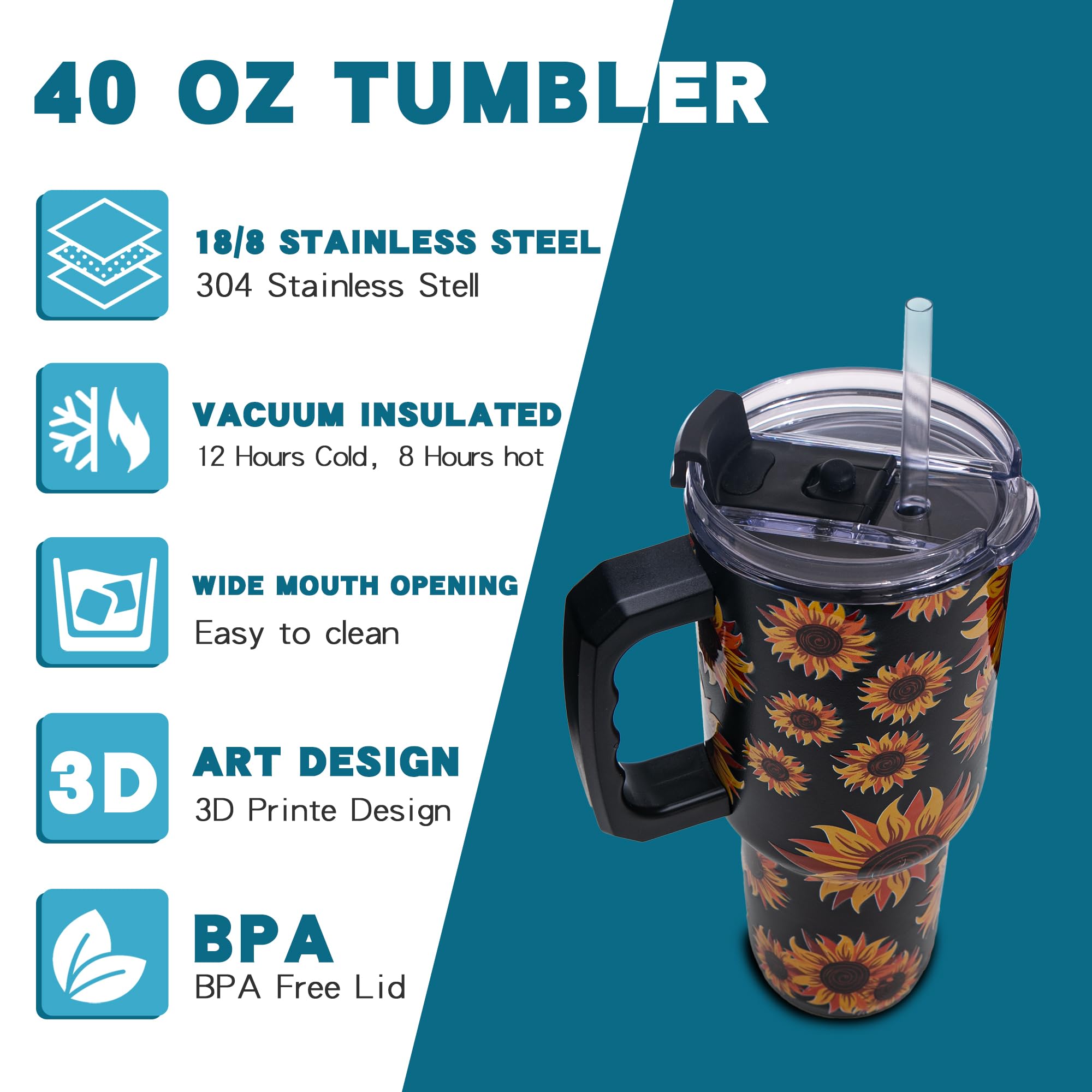 Gome Sunflower 40 oz Tumbler with Handle - Insulated Stainless Steel Sunflower Cup with Lid and Straw - Keeps Drinks Cold and Hot, Inspirational Birthday Gifts for Women - Hand Wash Only