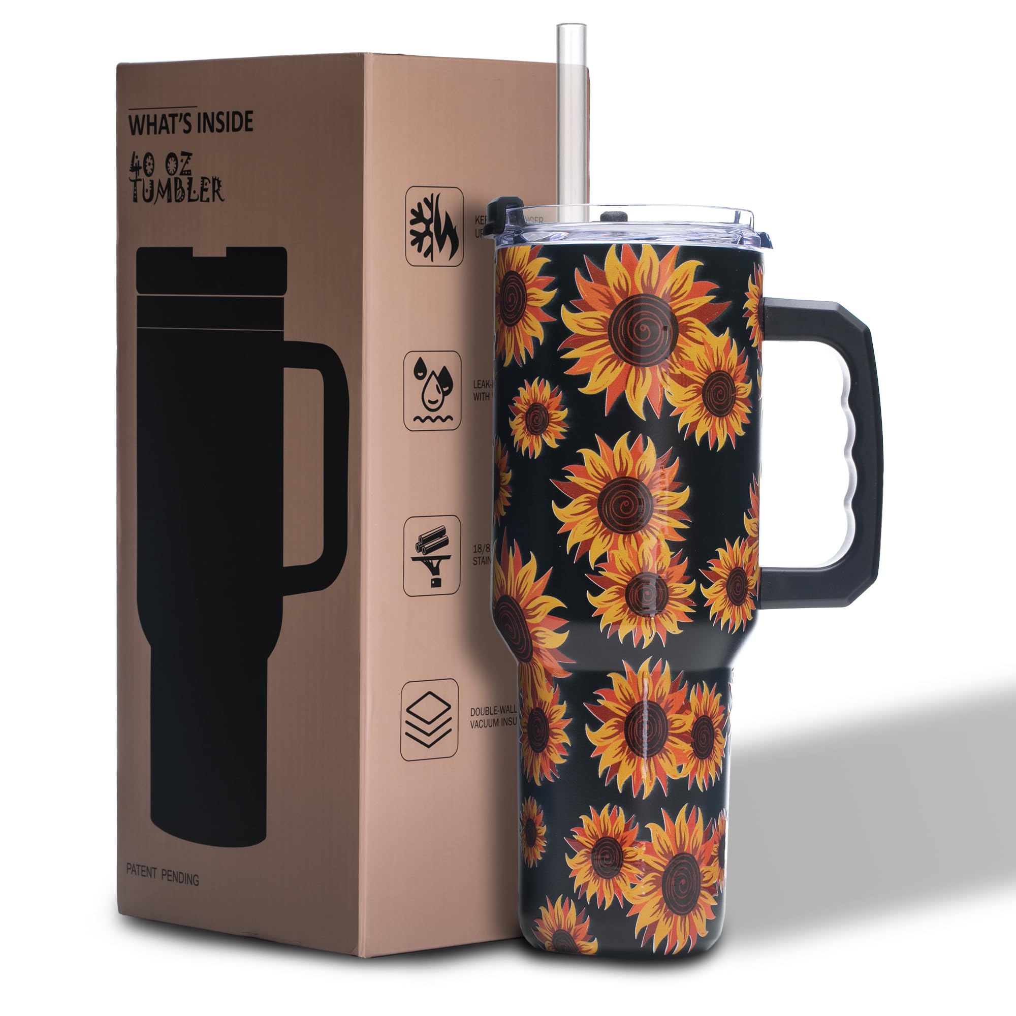 Gome Sunflower 40 oz Tumbler with Handle - Insulated Stainless Steel Sunflower Cup with Lid and Straw - Keeps Drinks Cold and Hot, Inspirational Birthday Gifts for Women - Hand Wash Only