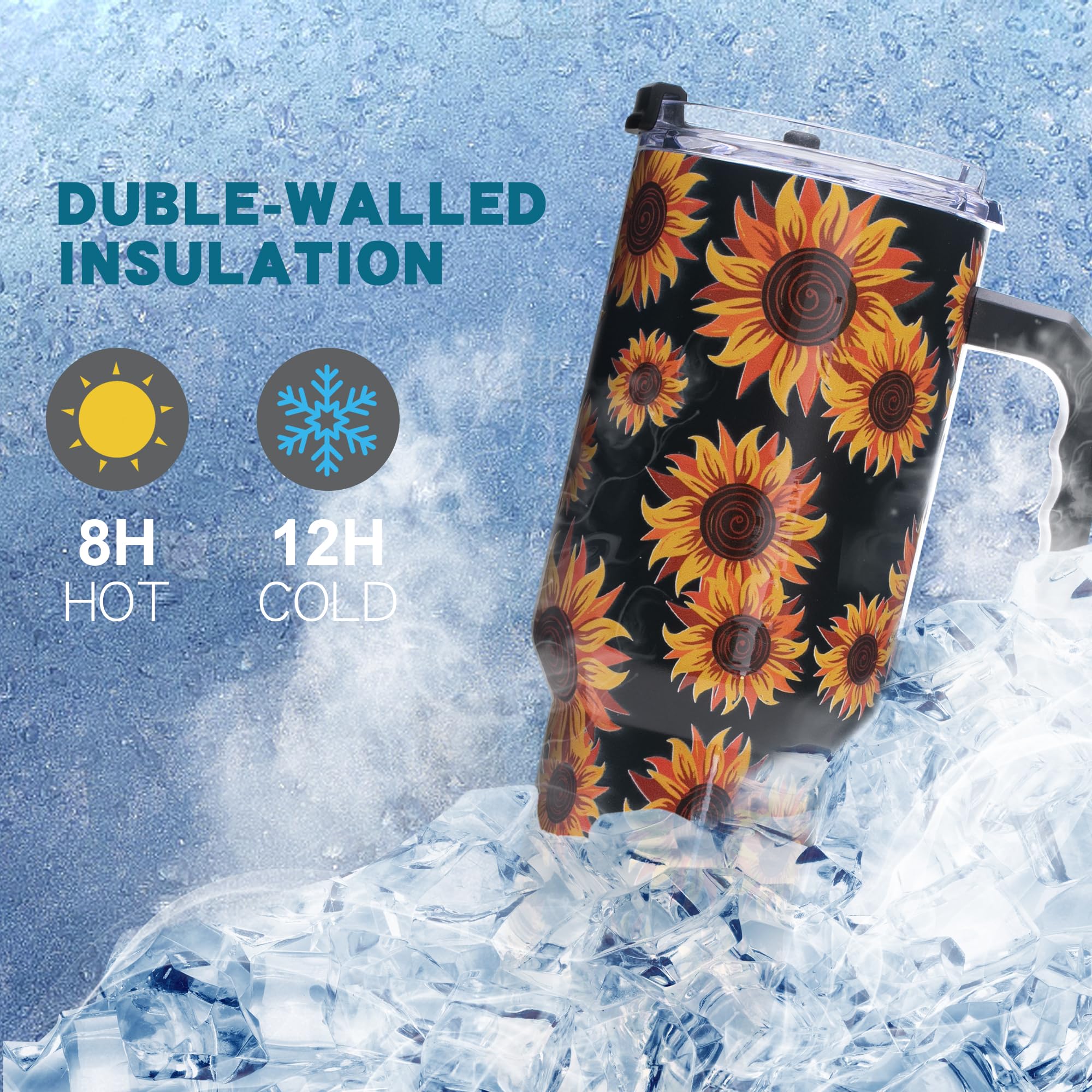 Gome Sunflower 40 oz Tumbler with Handle - Insulated Stainless Steel Sunflower Cup with Lid and Straw - Keeps Drinks Cold and Hot, Inspirational Birthday Gifts for Women - Hand Wash Only