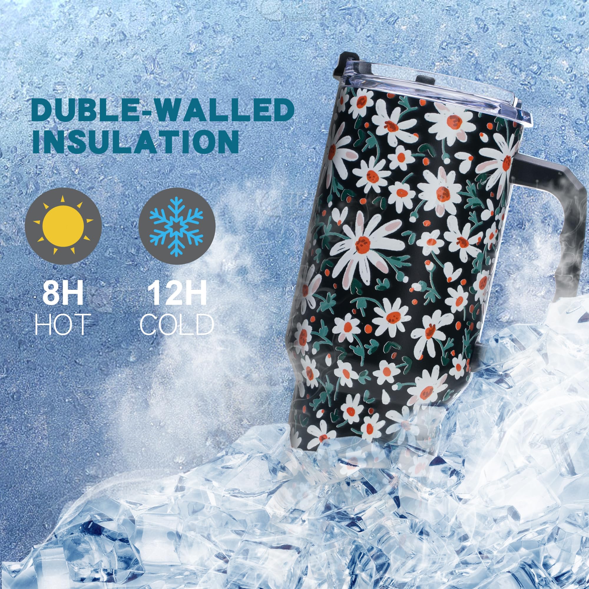 Gome Sunflower 40 oz Tumbler with Handle - Insulated Stainless Steel Sunflower Cup with Lid and Straw - Keeps Drinks Cold and Hot, Inspirational Birthday Gifts for Women - Hand Wash Only