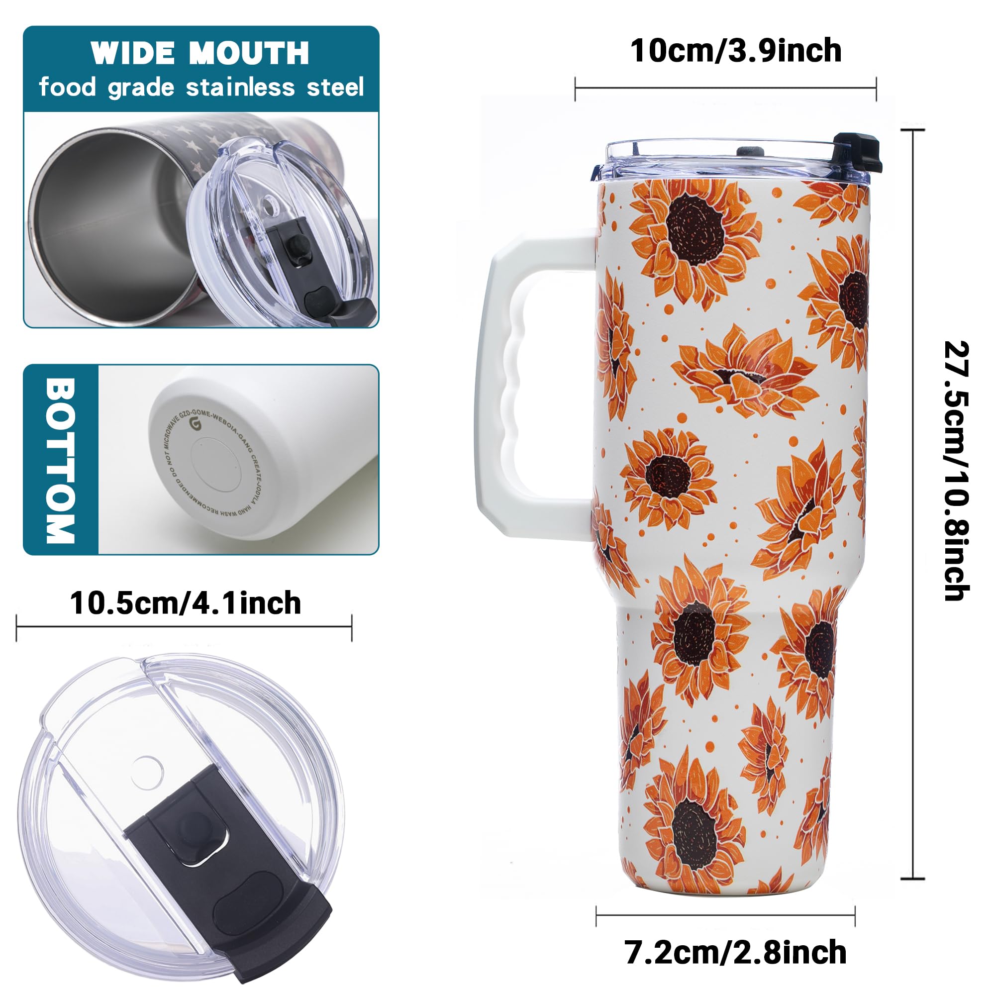 Gome Sunflower 40 oz Tumbler with Handle - Insulated Stainless Steel Sunflower Cup with Lid and Straw - Keeps Drinks Cold and Hot, Inspirational Birthday Gifts for Women - Hand Wash Only