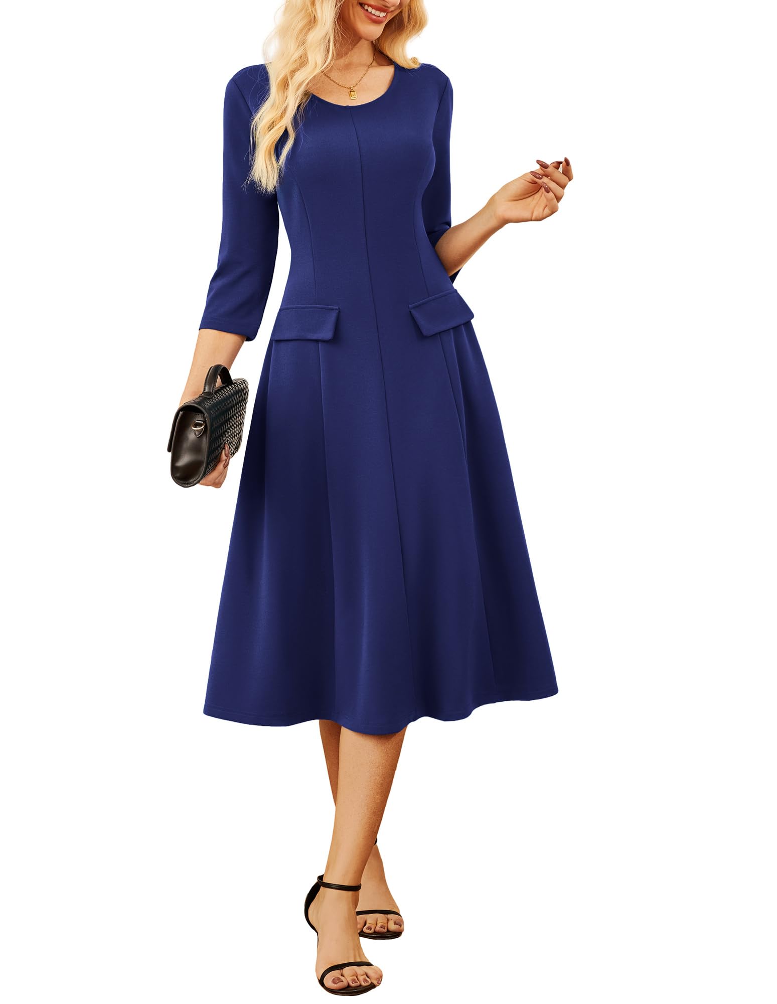 GRACE KARIN 2025 Wear to Work Dress for Women A Line Midi Fit 3/4 Sleeve Church Round Neck Business Dresses