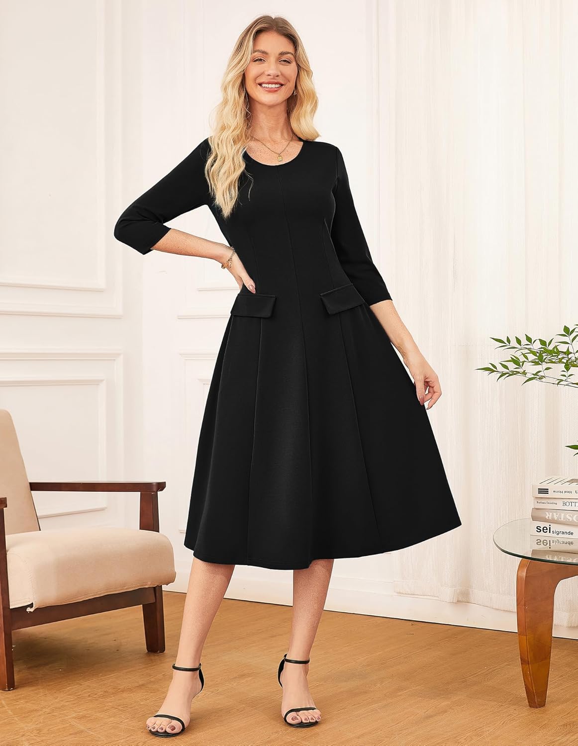 GRACE KARIN 2025 Wear to Work Dress for Women A Line Midi Fit 3/4 Sleeve Church Round Neck Business Dresses